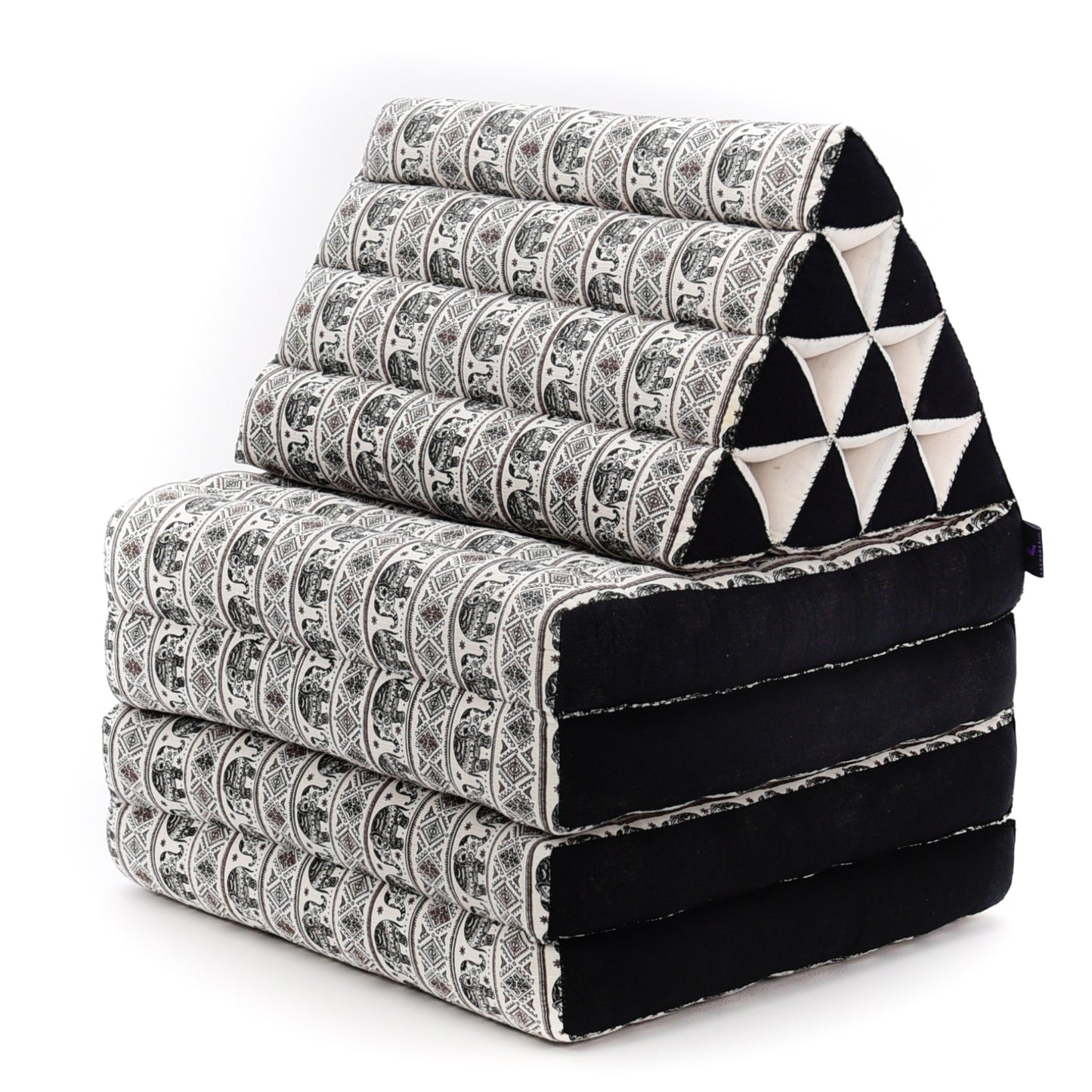 Extra Long Thai Folding Mat with Triangle Cushion – Handmade Kapok Relax Mat with Extended Surface, El2 - Black, 4 seating segments