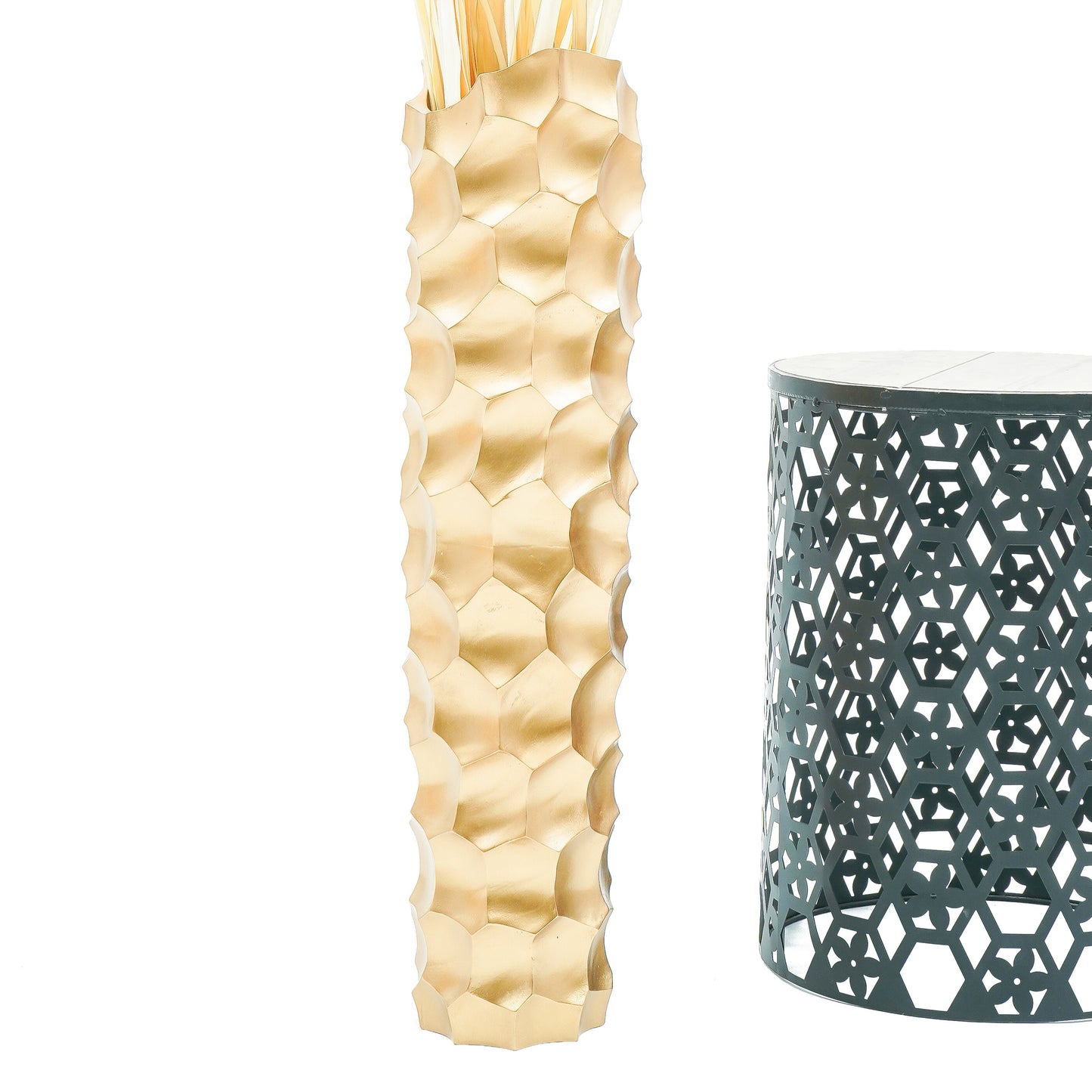 Large Mango Wood Floor Vase – Handcrafted Decorative Highlight from Thailand, gold, 26 inches