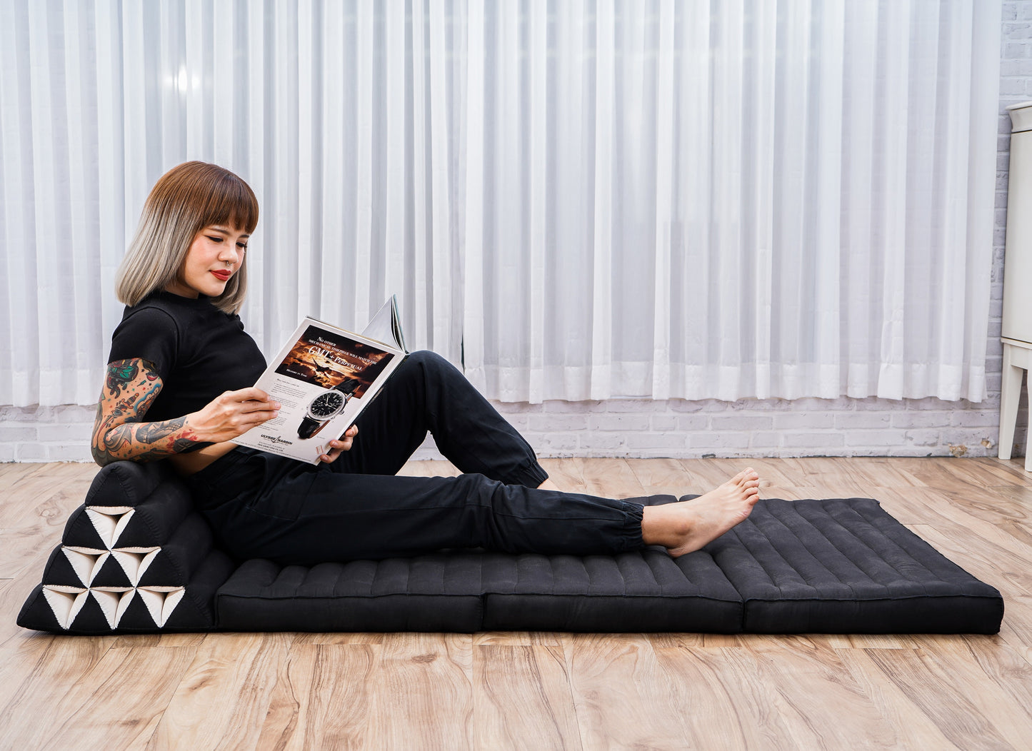 Extra Long Thai Folding Mat with Triangle Cushion – Handmade Kapok Relax Mat with Extended Surface, Cl02 - Black, 3 seating segments XL