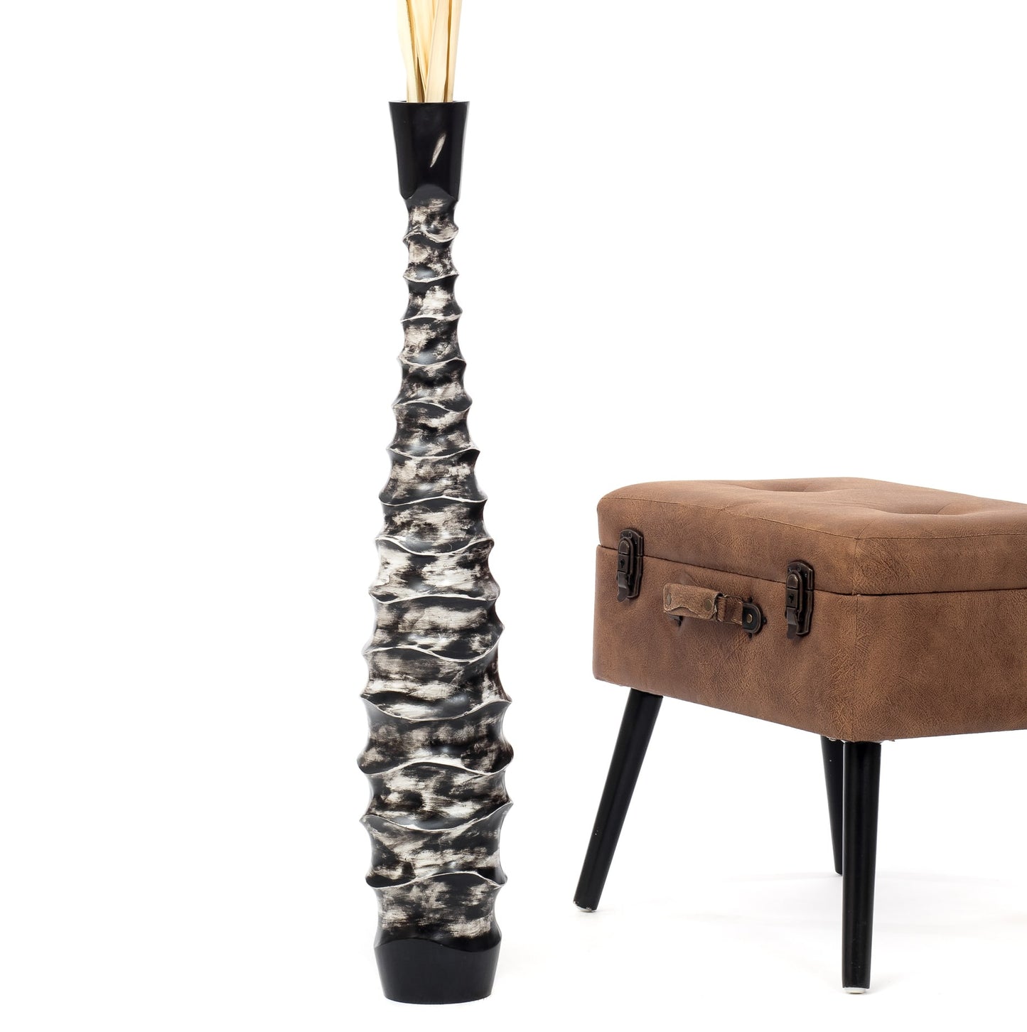 Large Mango Wood Floor Vase – Handcrafted Decorative Highlight from Thailand, black, white, 34 inches