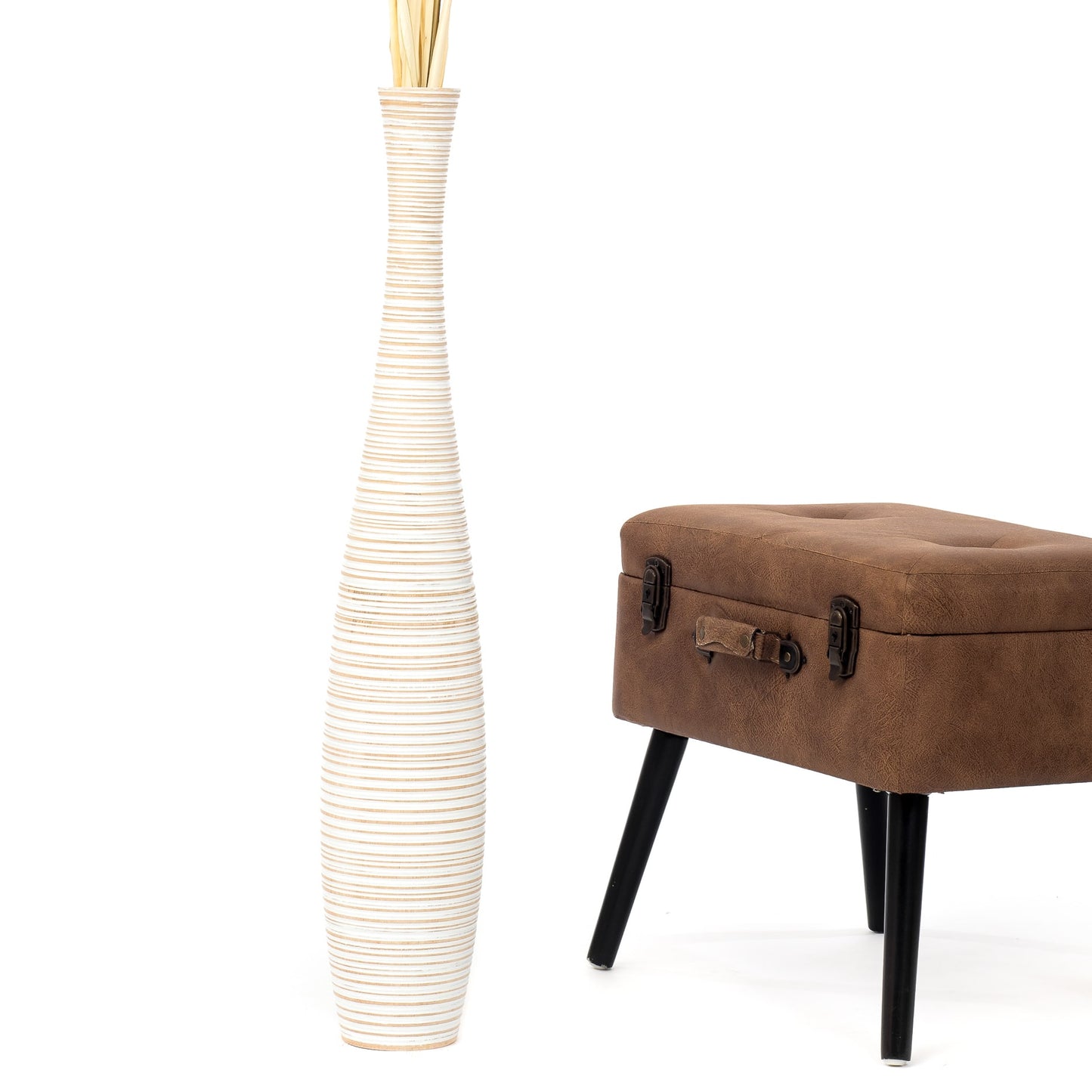 Large Mango Wood Floor Vase – Handcrafted Decorative Highlight from Thailand, white wash, 34 inches