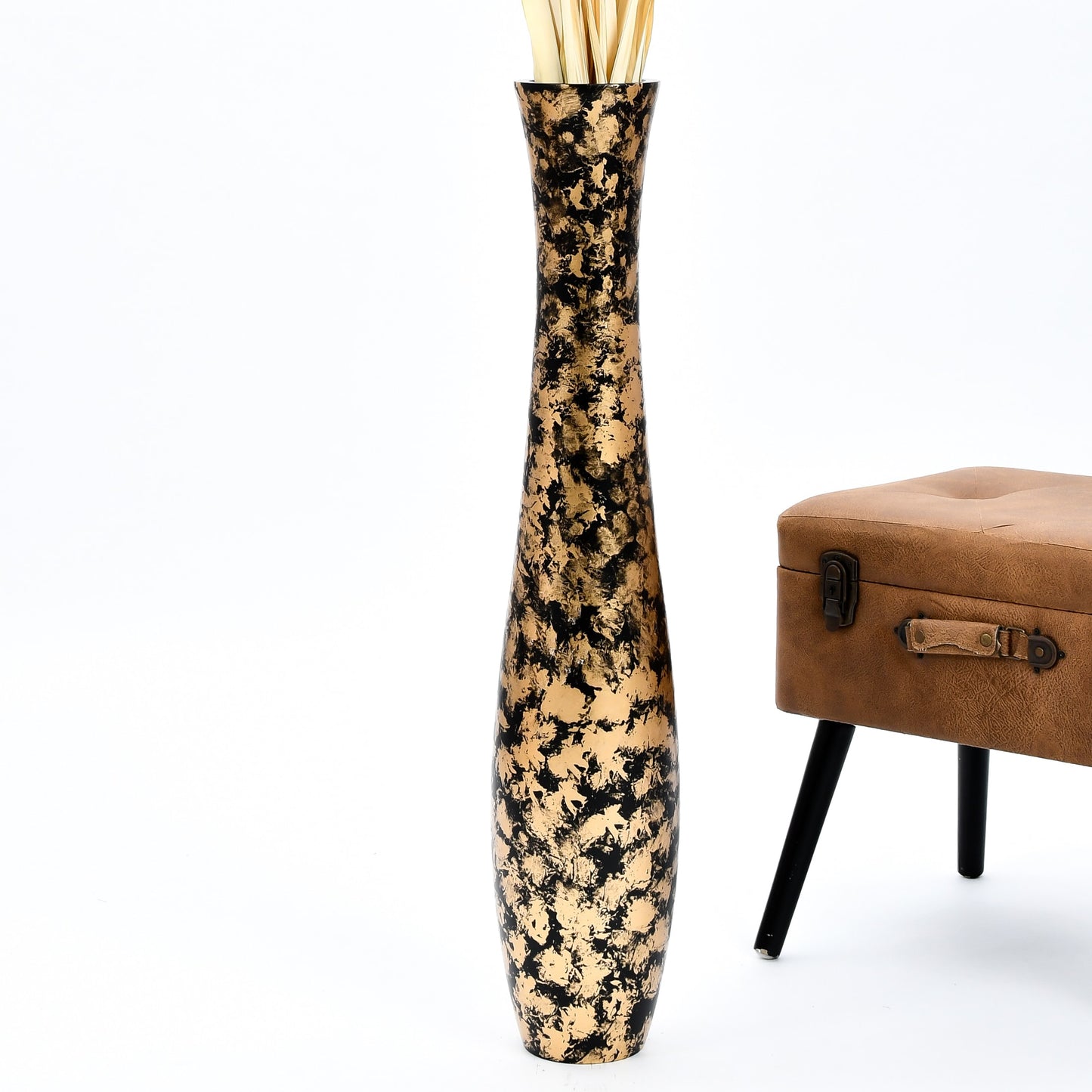 Large Mango Wood Floor Vase – Handcrafted Decorative Highlight from Thailand, gold, black, 34 inches