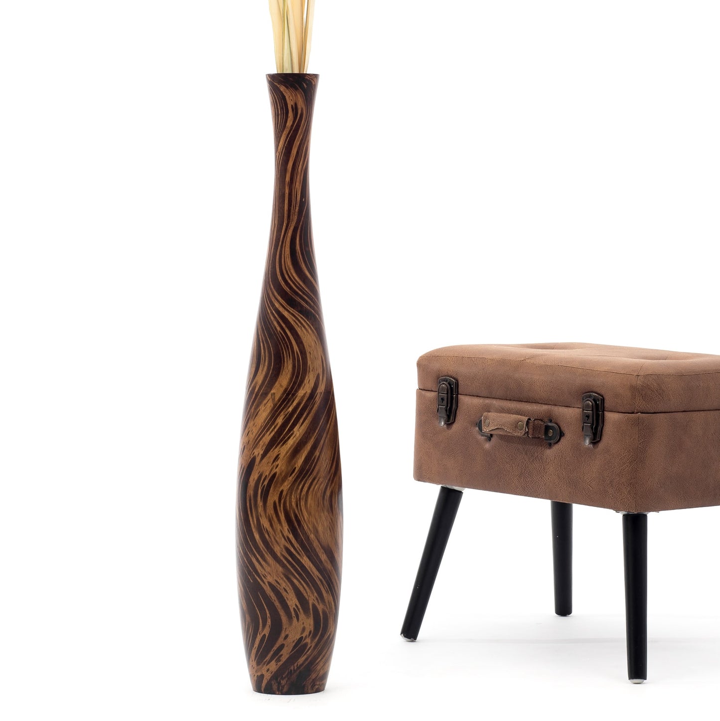 Large Mango Wood Floor Vase – Handcrafted Decorative Highlight from Thailand, brown, light brown, 34 inches