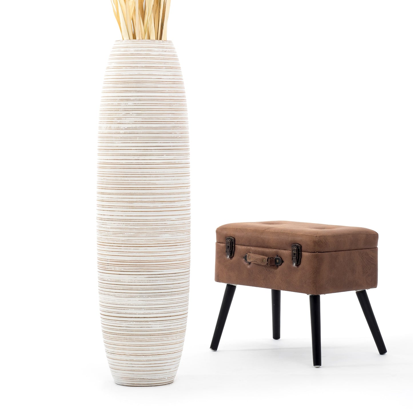 Large Mango Wood Floor Vase – Handcrafted Decorative Highlight from Thailand, white wash, 41 inches