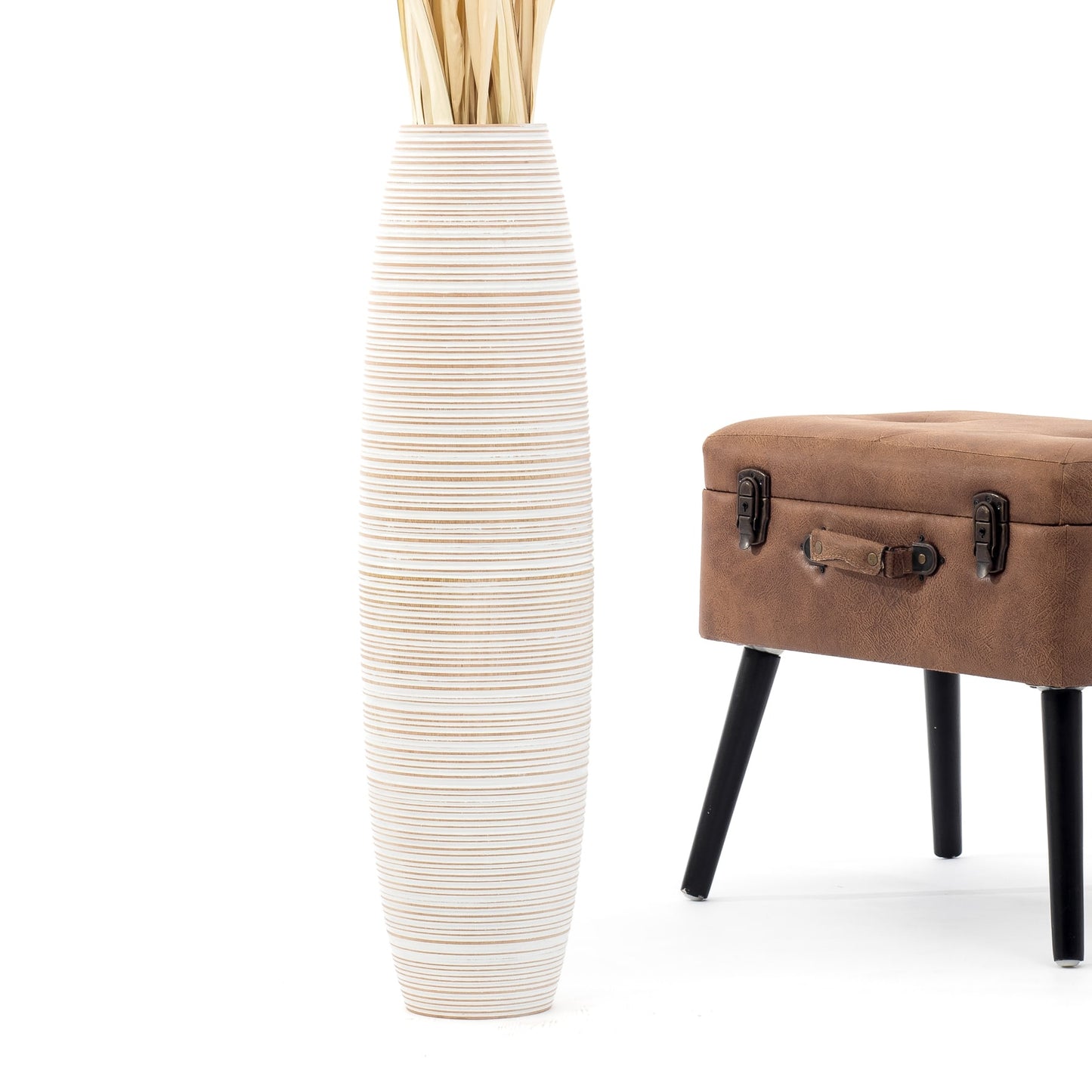 Large Mango Wood Floor Vase – Handcrafted Decorative Highlight from Thailand, white wash, 26 inches