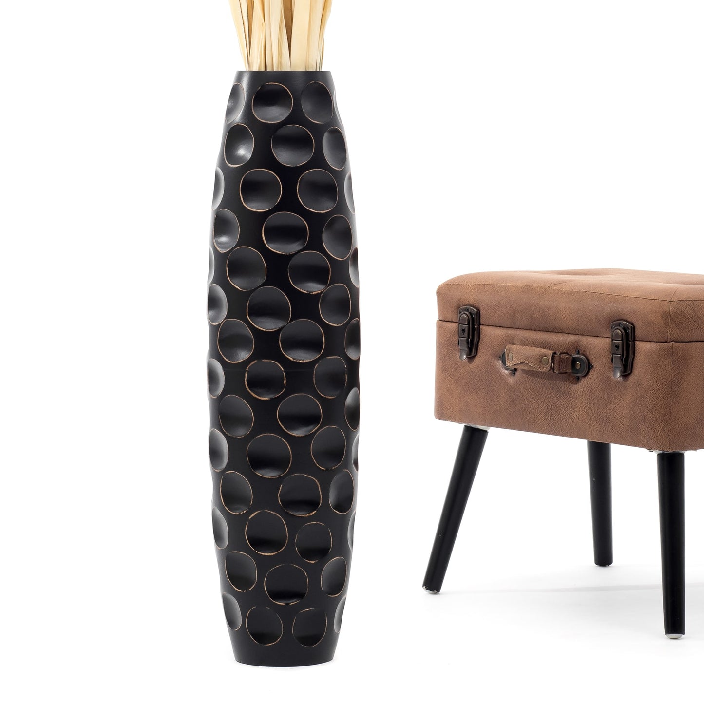 Large Mango Wood Floor Vase – Handcrafted Decorative Highlight from Thailand, black, 26 inches