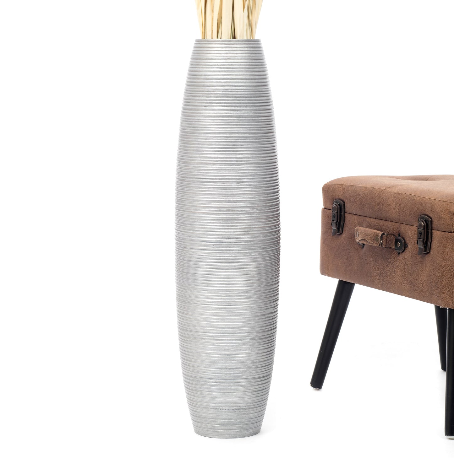 Large Mango Wood Floor Vase – Handcrafted Decorative Highlight from Thailand, silver, 26 inches