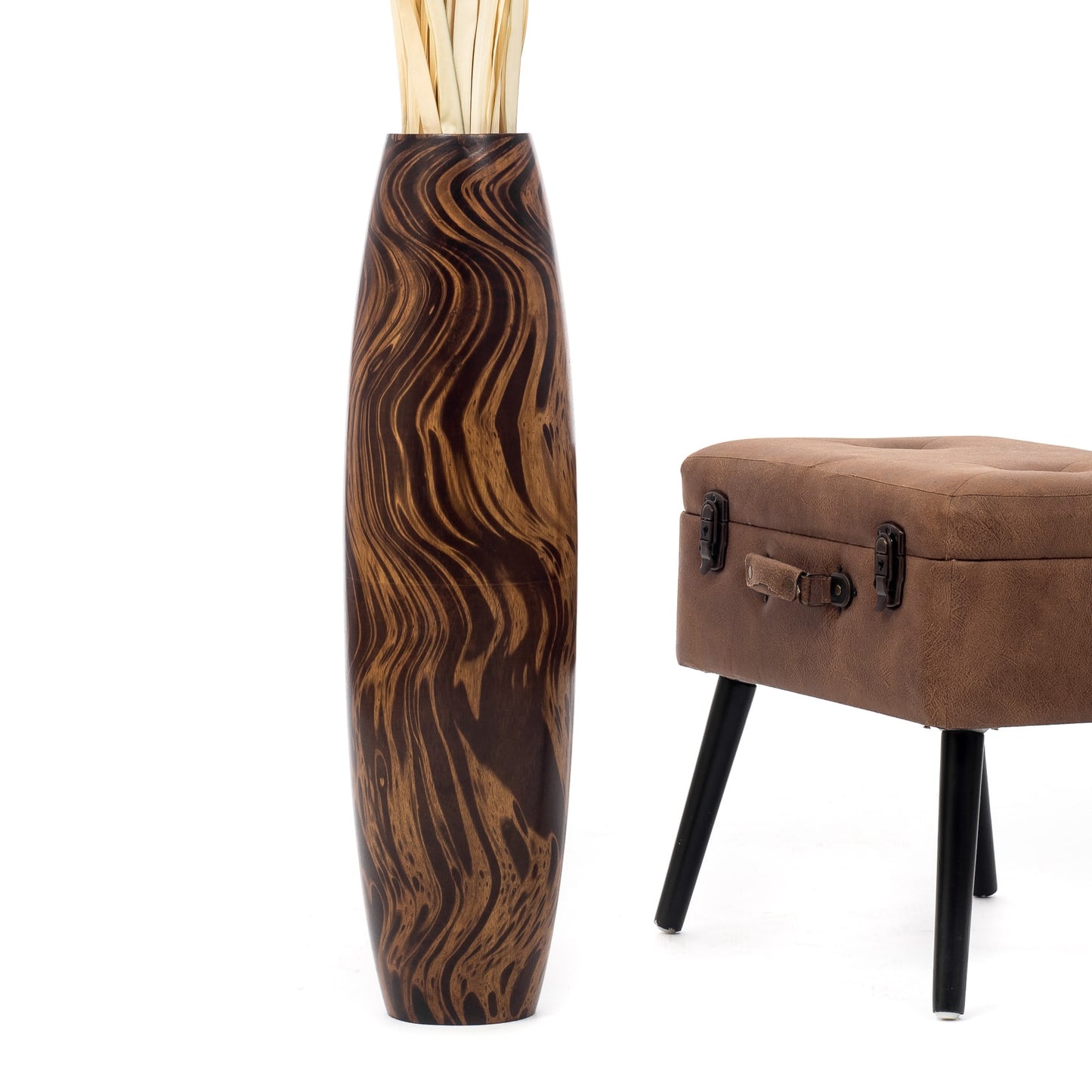 Large Mango Wood Floor Vase – Handcrafted Decorative Highlight from Thailand, brown, light brown, 26 inches