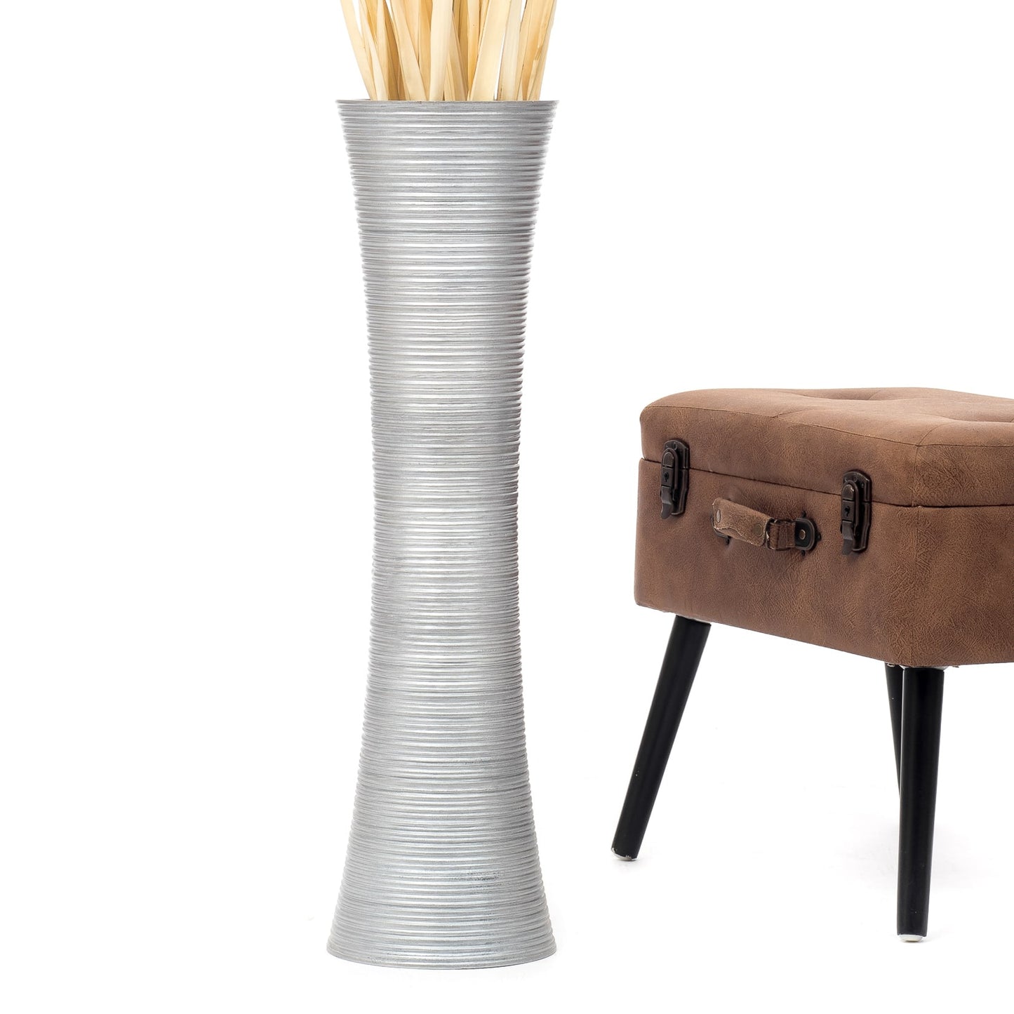 Large Mango Wood Floor Vase – Handcrafted Decorative Highlight from Thailand, silver, 26 inches