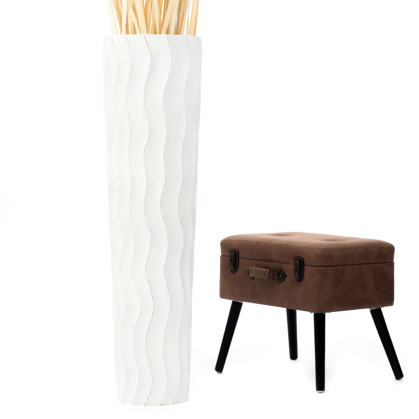 Large Mango Wood Floor Vase – Handcrafted Decorative Highlight from Thailand, white wash, 41 inches