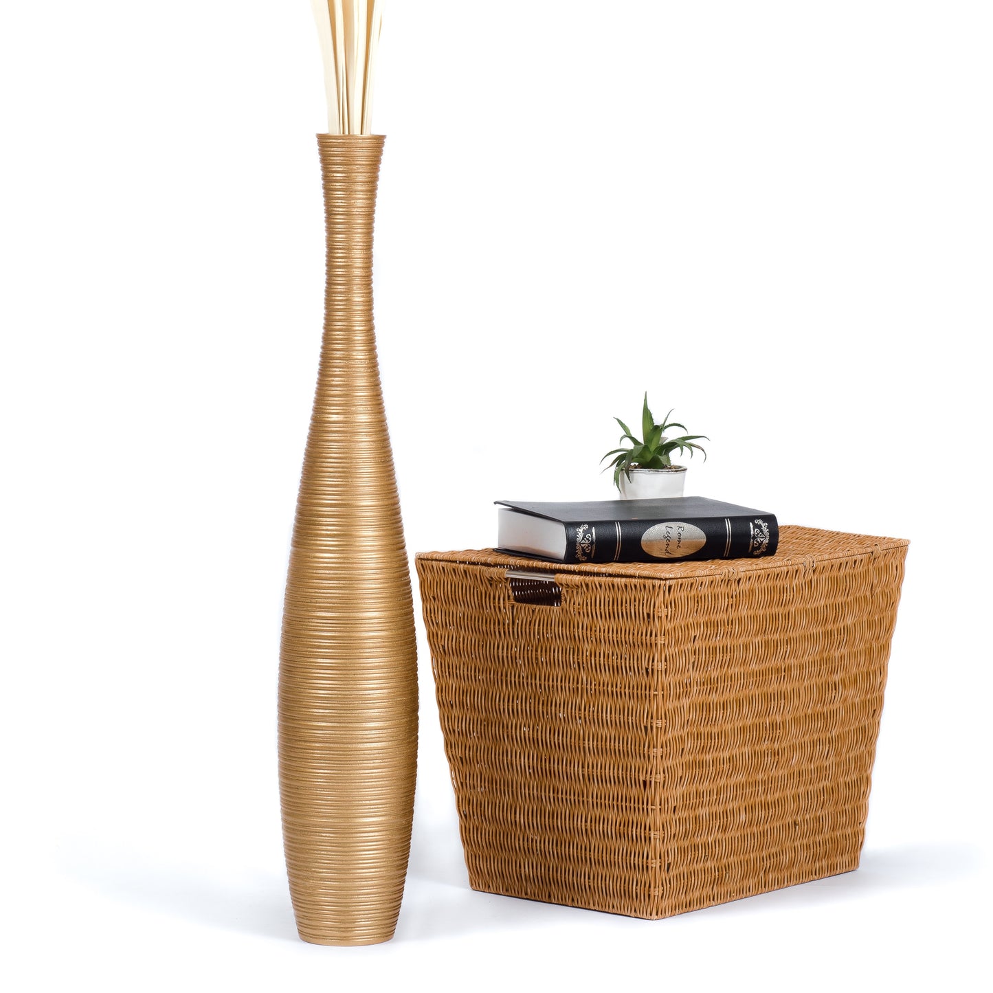 Large Mango Wood Floor Vase – Handcrafted Decorative Highlight from Thailand, gold, 34 inches