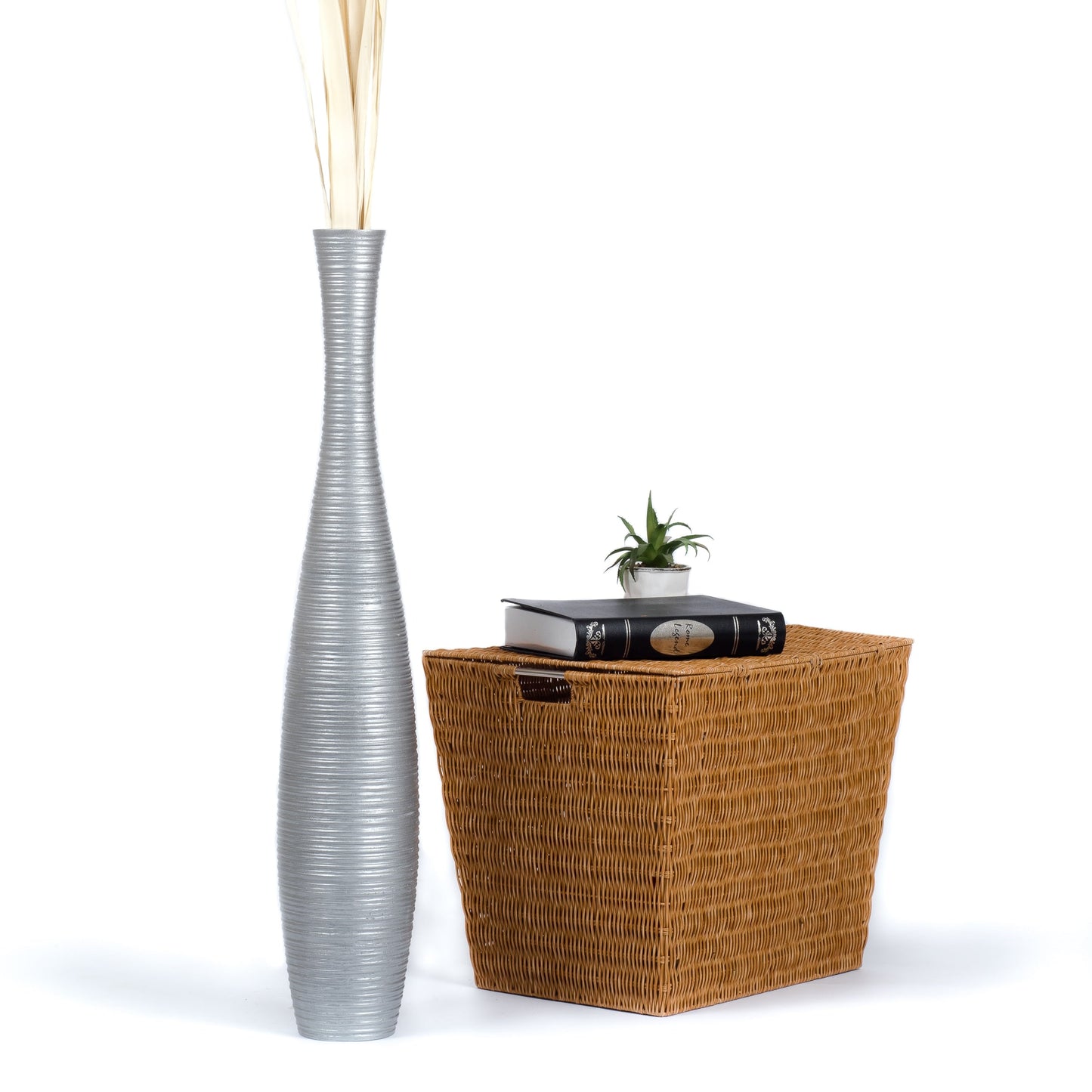Large Mango Wood Floor Vase – Handcrafted Decorative Highlight from Thailand, silver, 34 inches