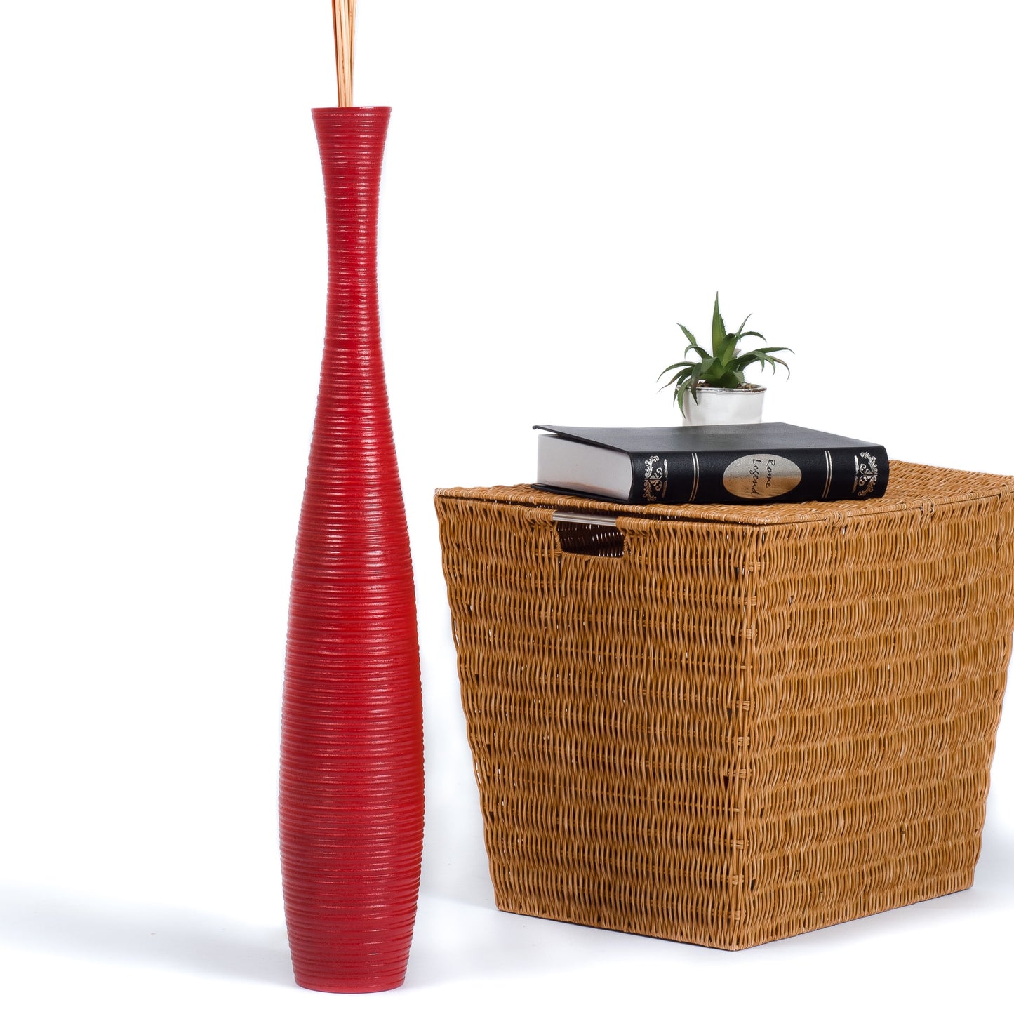 Large Mango Wood Floor Vase – Handcrafted Decorative Highlight from Thailand, red, 26 inches