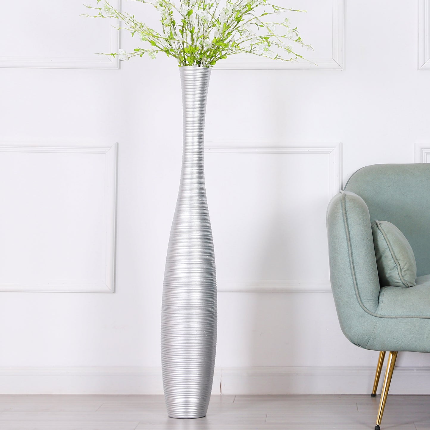 Large Resin Floor Vase – Stylish Waterproof Vase for Fresh & Dried Flowers, silver, 41 inches