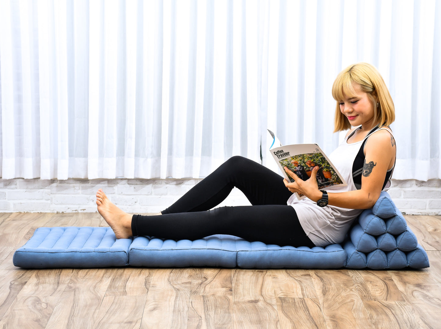 Extra Long Thai Folding Mat with Triangle Cushion – Handmade Kapok Relax Mat with Extended Surface, Cl13 - Grey, 3 seating segments