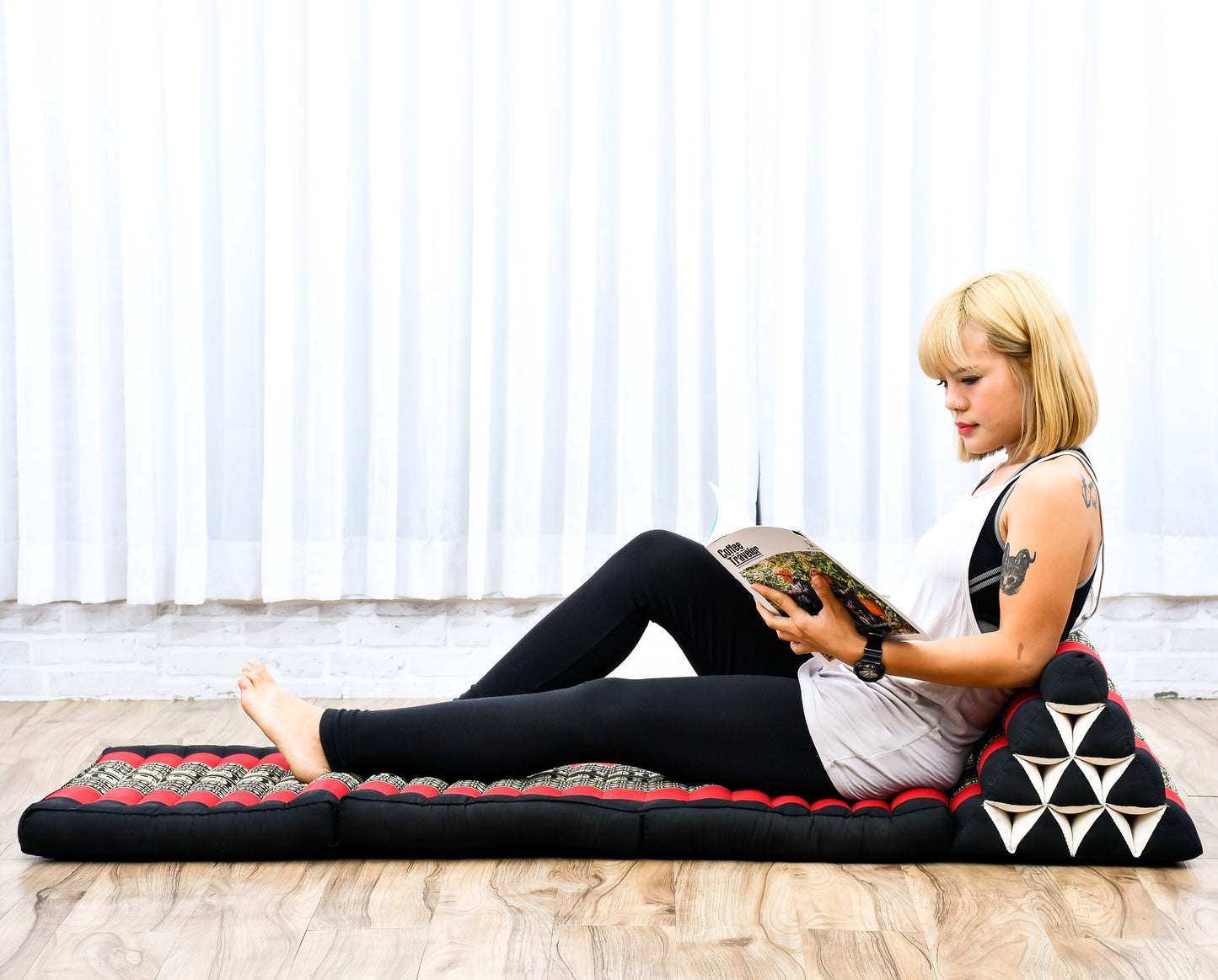Extra Long Thai Folding Mat with Triangle Cushion – Handmade Kapok Relax Mat with Extended Surface, Sf13 - Red, Black, 3 seating segments