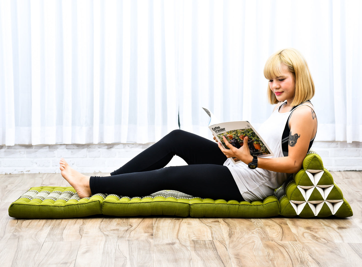 Extra Long Thai Folding Mat with Triangle Cushion – Handmade Kapok Relax Mat with Extended Surface, Sf17 - Green, 3 seating segments