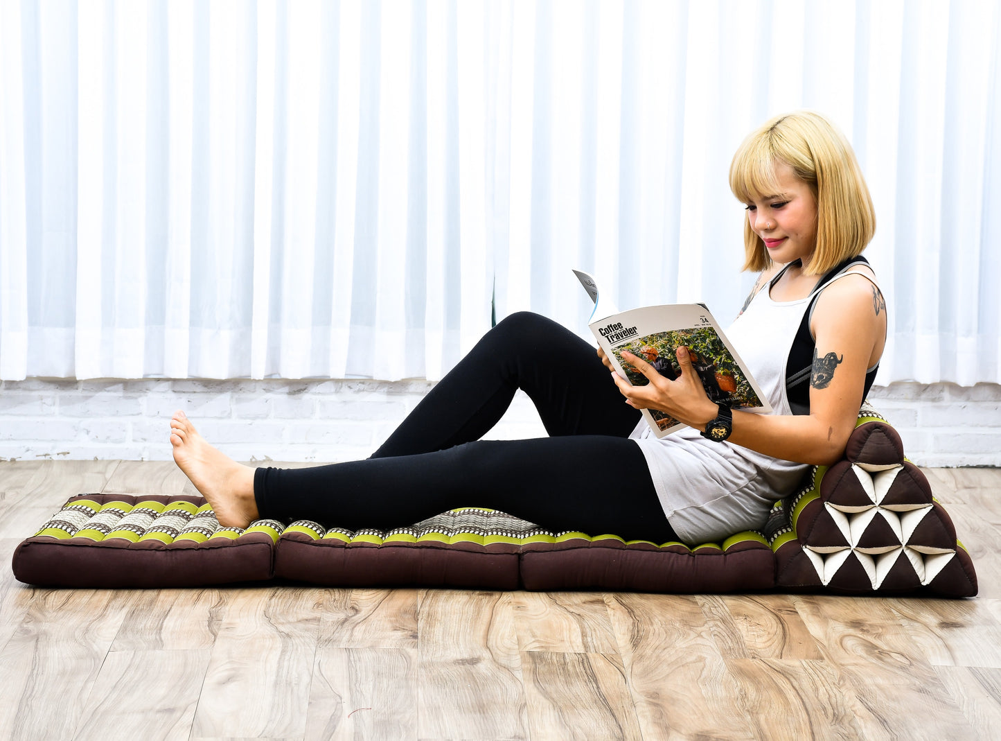 Extra Long Thai Folding Mat with Triangle Cushion – Handmade Kapok Relax Mat with Extended Surface, Sf20 - Brown, Green, 3 seating segments