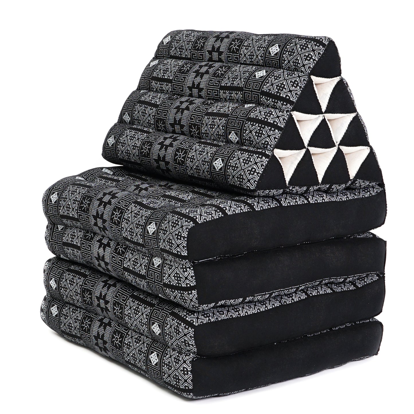 Extra Long Thai Folding Mat with Triangle Cushion – Handmade Kapok Relax Mat with Extended Surface, Cbt4 - Black, 4 seating segments