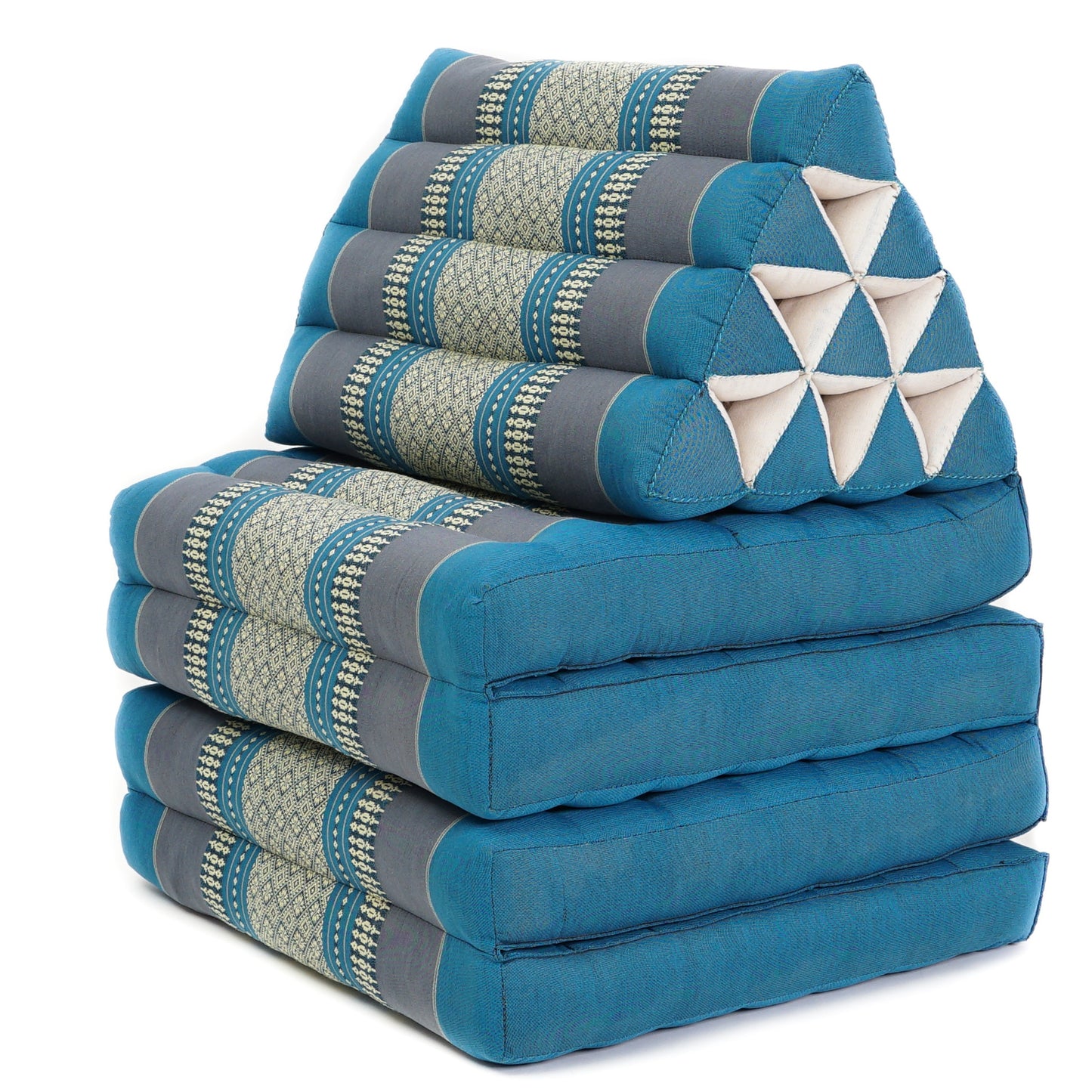 Extra Long Thai Folding Mat with Triangle Cushion – Handmade Kapok Relax Mat with Extended Surface, Sf22 - Blue, 4 seating segments