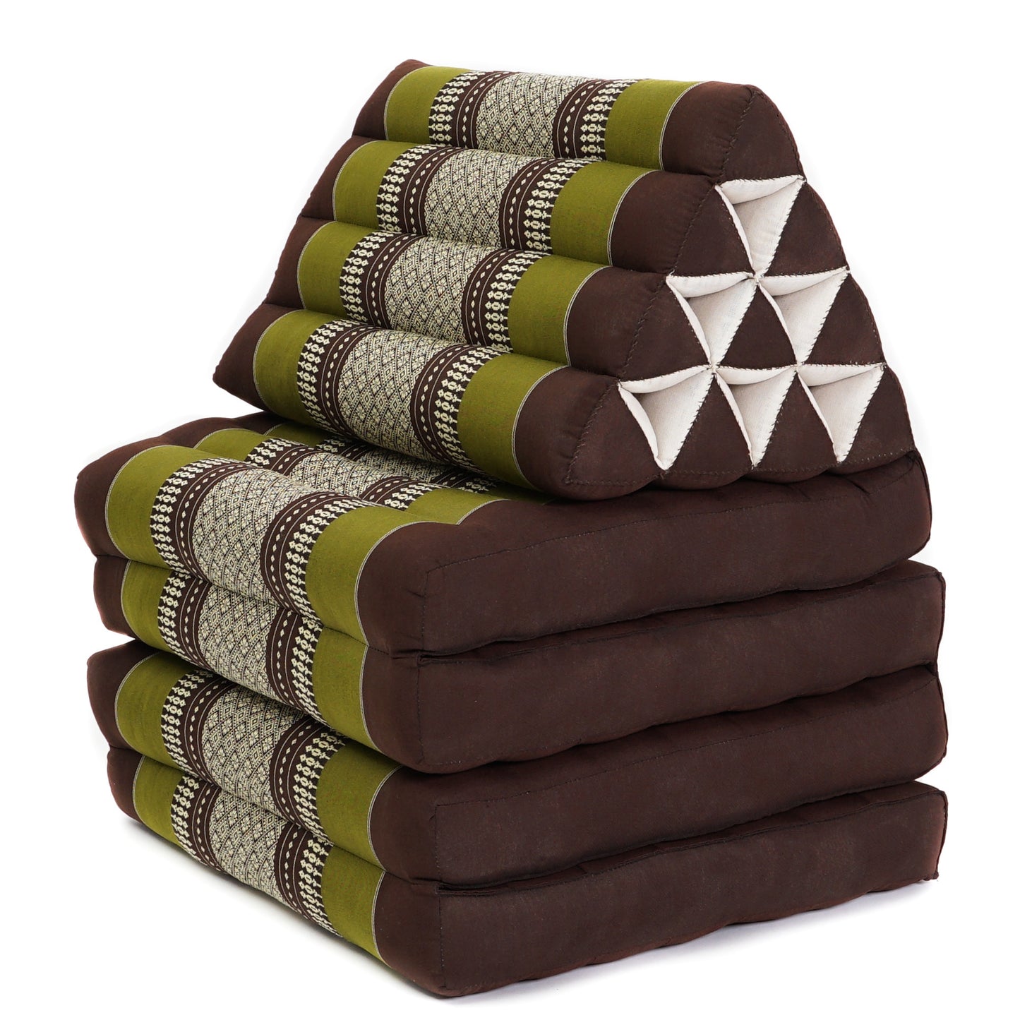 Extra Long Thai Folding Mat with Triangle Cushion – Handmade Kapok Relax Mat with Extended Surface, Sf20 - Brown, Green, 4 seating segments