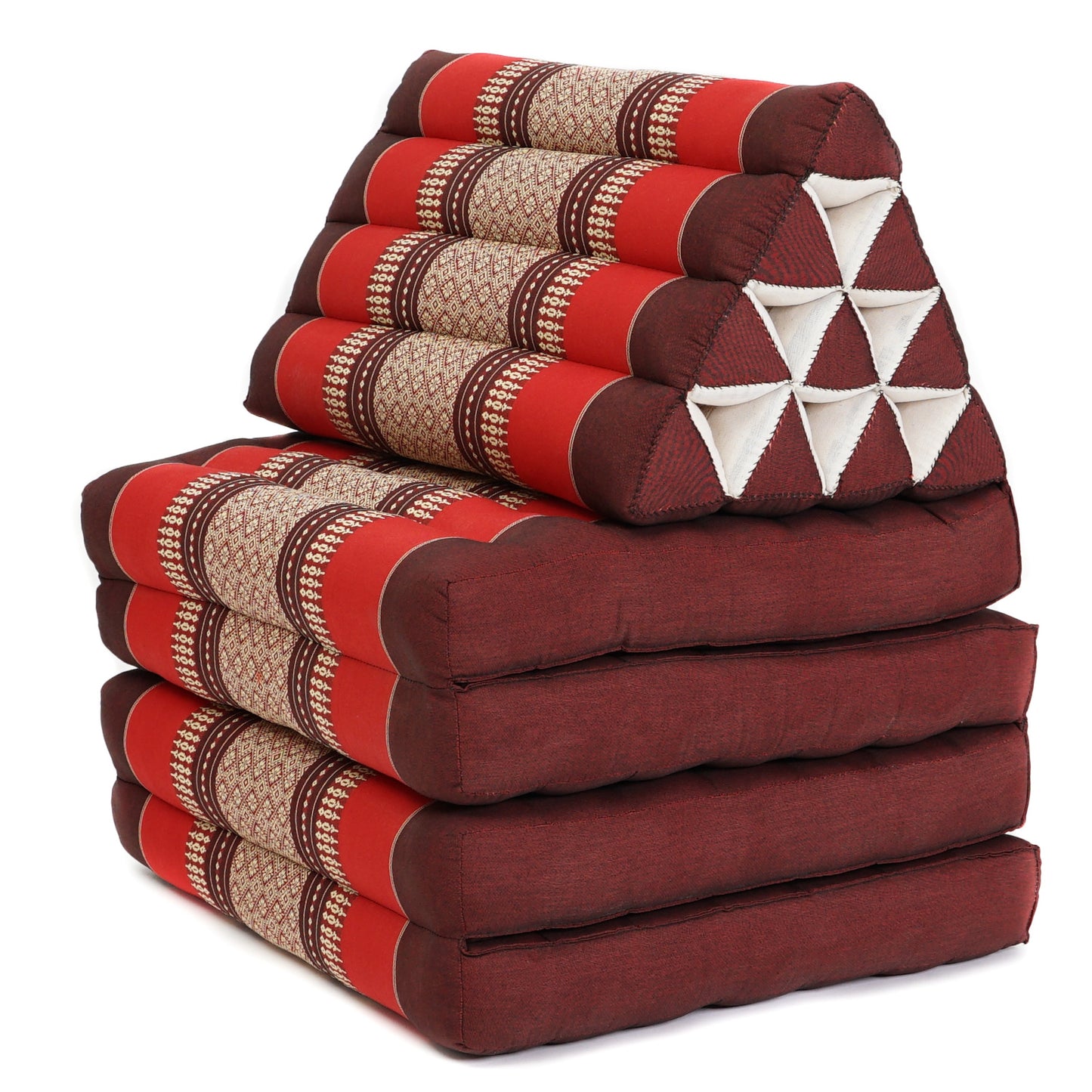 Extra Long Thai Folding Mat with Triangle Cushion – Handmade Kapok Relax Mat with Extended Surface, Sf24 - Red, Brown, 4 seating segments