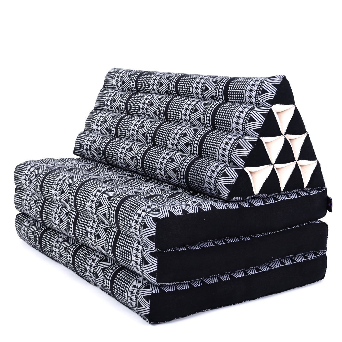 Extra Long Thai Folding Mat with Triangle Cushion – Handmade Kapok Relax Mat with Extended Surface, Cbt3 - Black, 3 seating segments XL