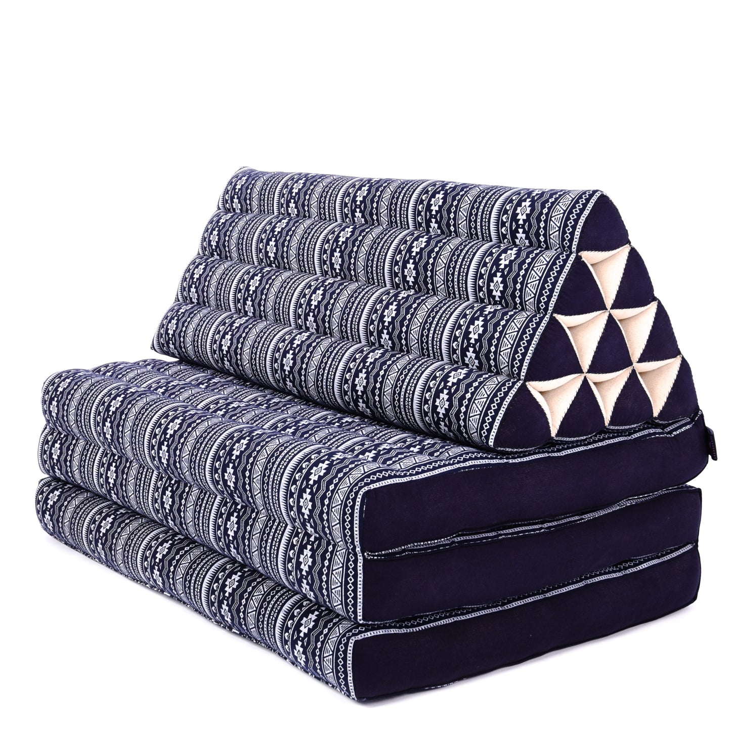 Extra Long Thai Folding Mat with Triangle Cushion – Handmade Kapok Relax Mat with Extended Surface, Cbt2 - Dark Blue, 3 seating segments XL