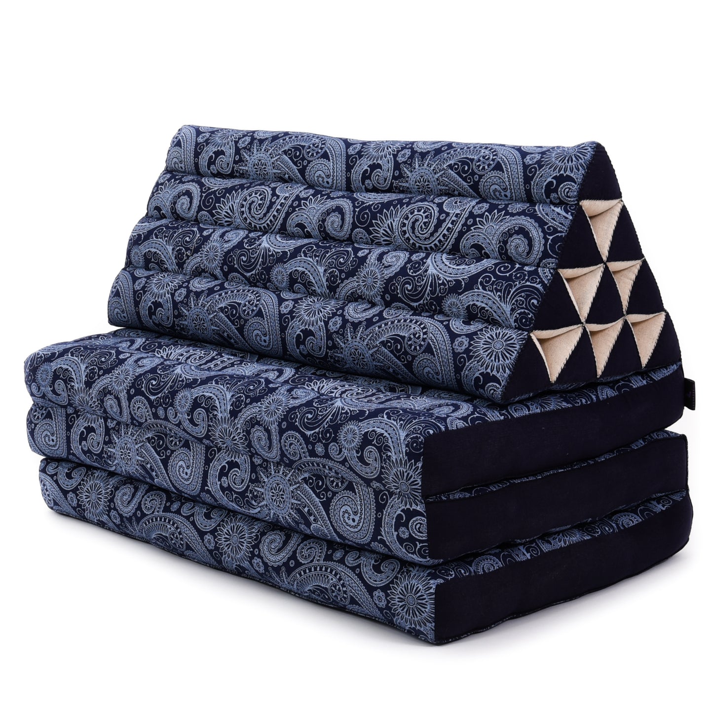 Extra Long Thai Folding Mat with Triangle Cushion – Handmade Kapok Relax Mat with Extended Surface, Cbt1 - Blue, 3 seating segments XL