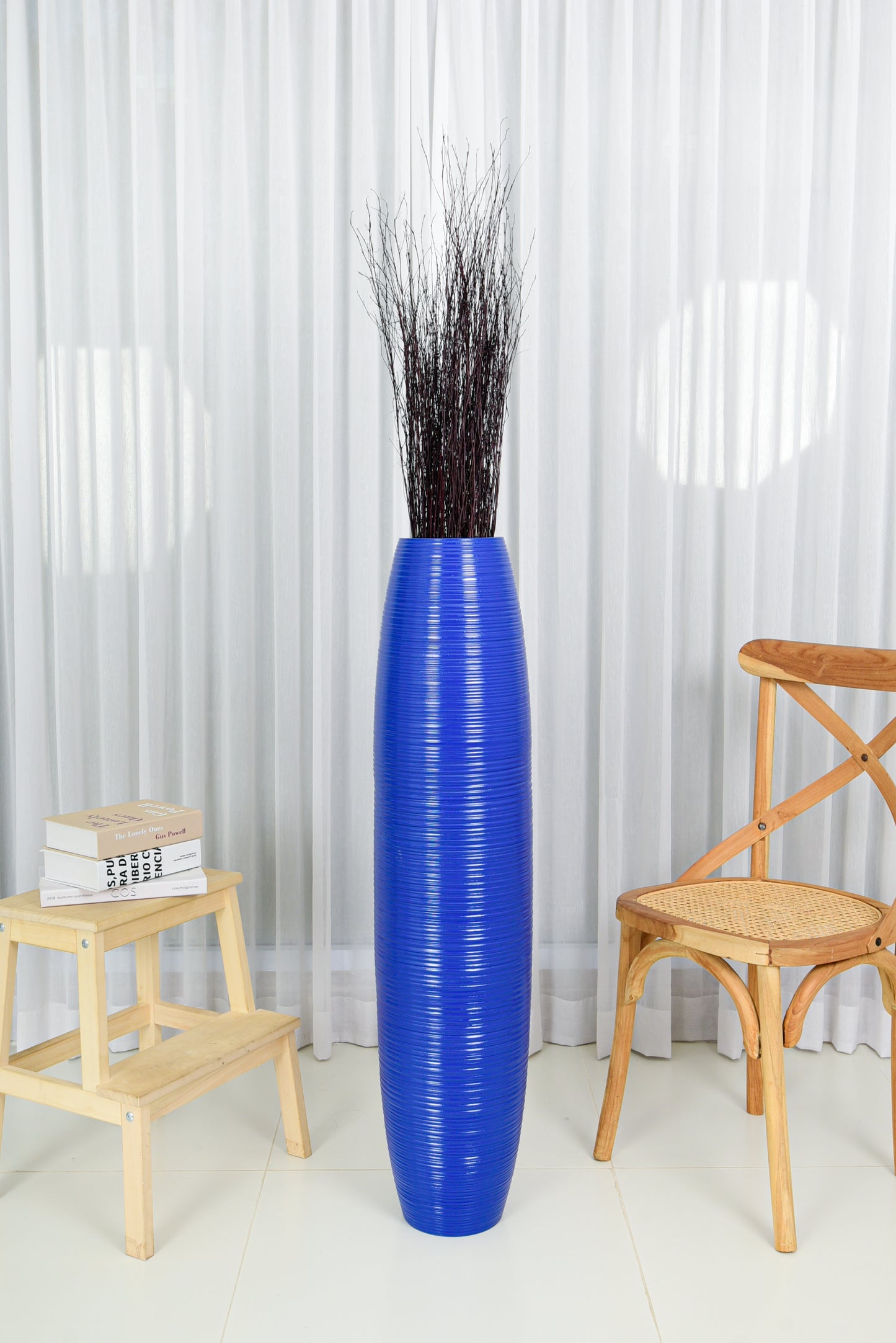 Large Mango Wood Floor Vase – Handcrafted Decorative Highlight from Thailand, blue, 41 inches