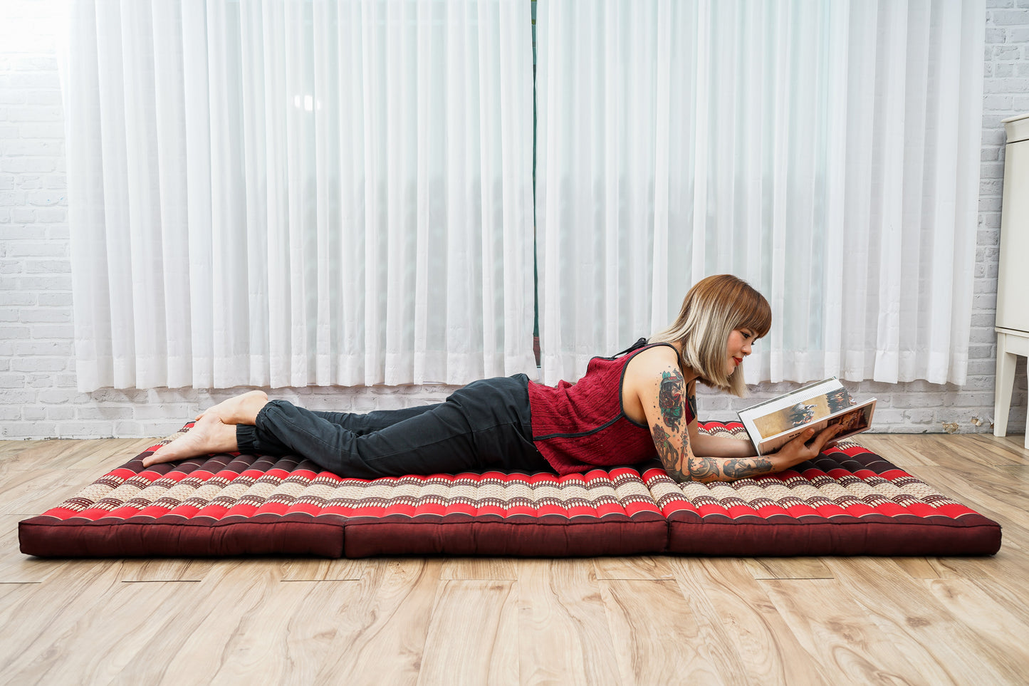 Kapok Folding Mattress – Thick Cotton Padded Guest Bed for Home, Sleeping & Mindfulness Corner, Sf24 - Red, Brown, L: 79x39