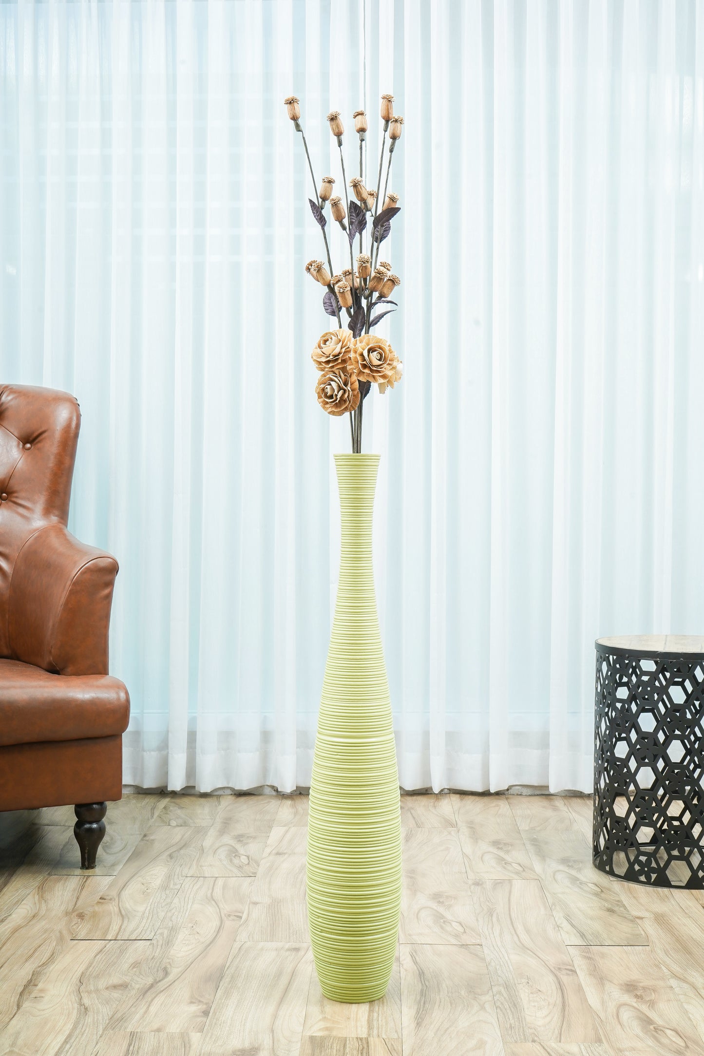 Large Mango Wood Floor Vase – Handcrafted Decorative Highlight from Thailand, green, 34 inches
