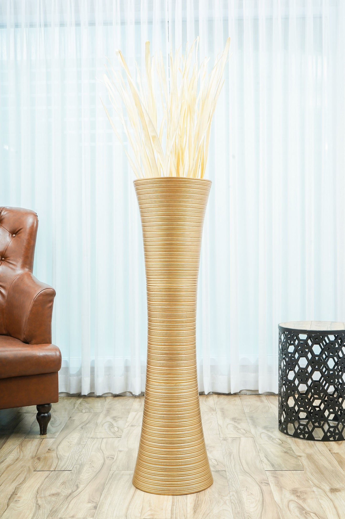 Large Mango Wood Floor Vase – Handcrafted Decorative Highlight from Thailand, gold, 41 inches