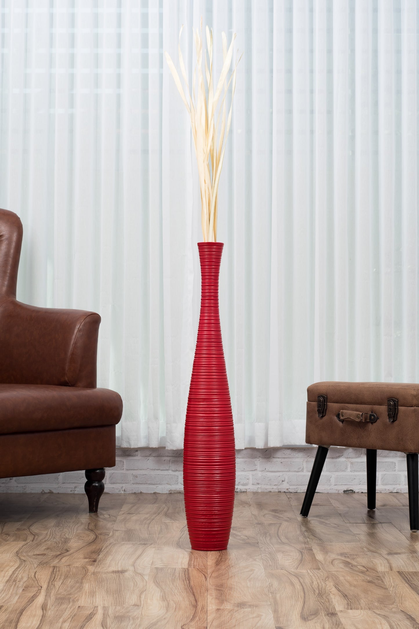 Large Mango Wood Floor Vase – Handcrafted Decorative Highlight from Thailand, red, 34 inches