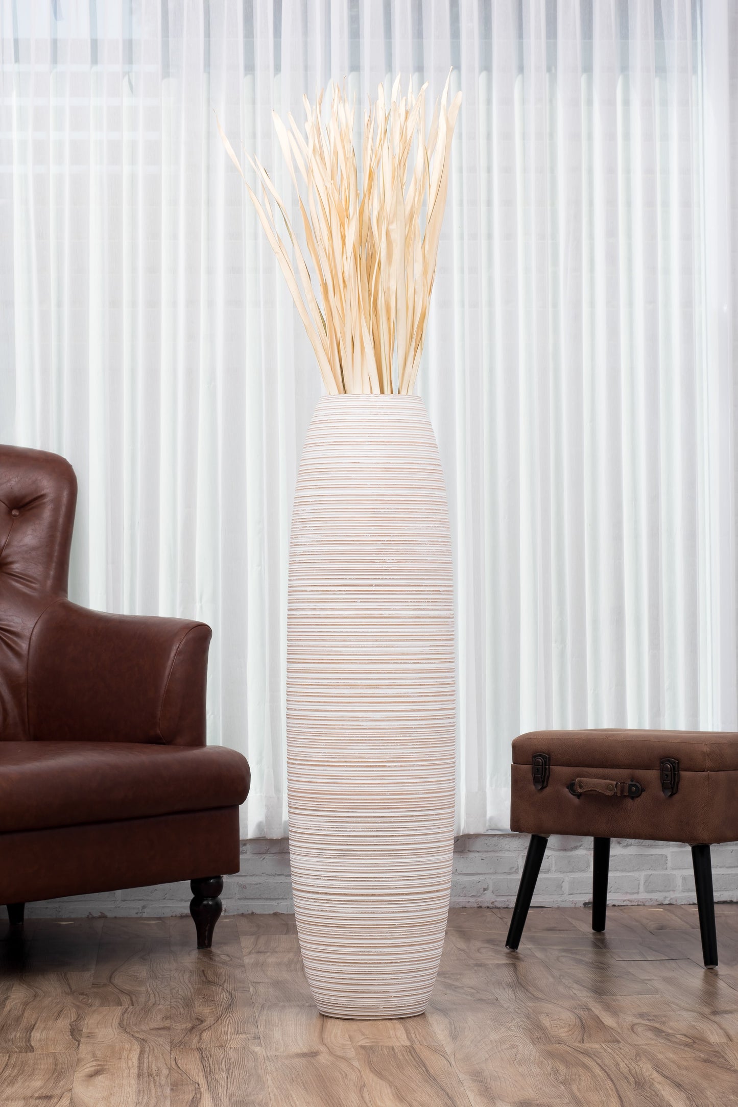 Large Mango Wood Floor Vase – Handcrafted Decorative Highlight from Thailand, white wash, 41 inches