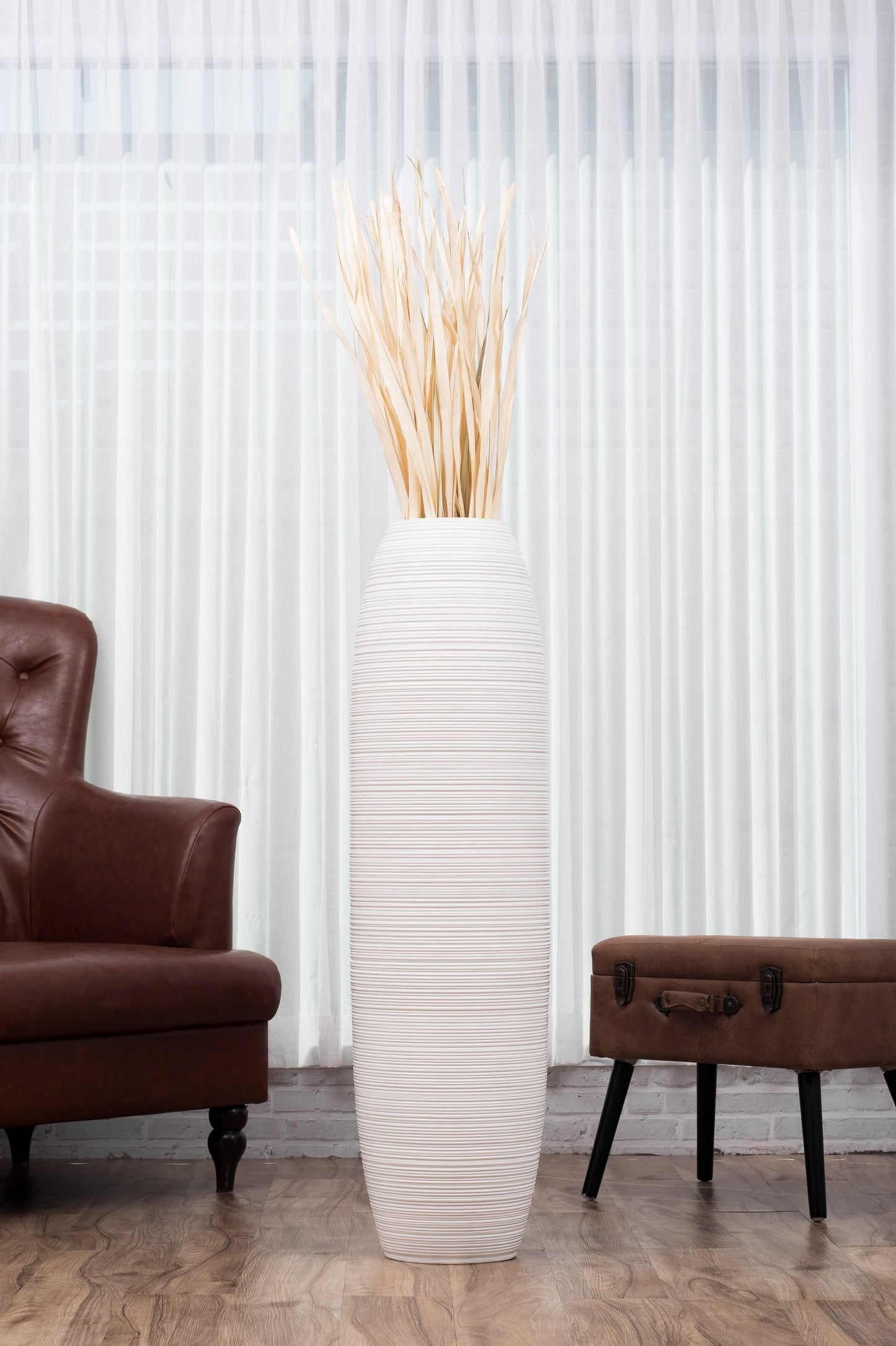Large Mango Wood Floor Vase – Handcrafted Decorative Highlight from Thailand, white, 41 inches
