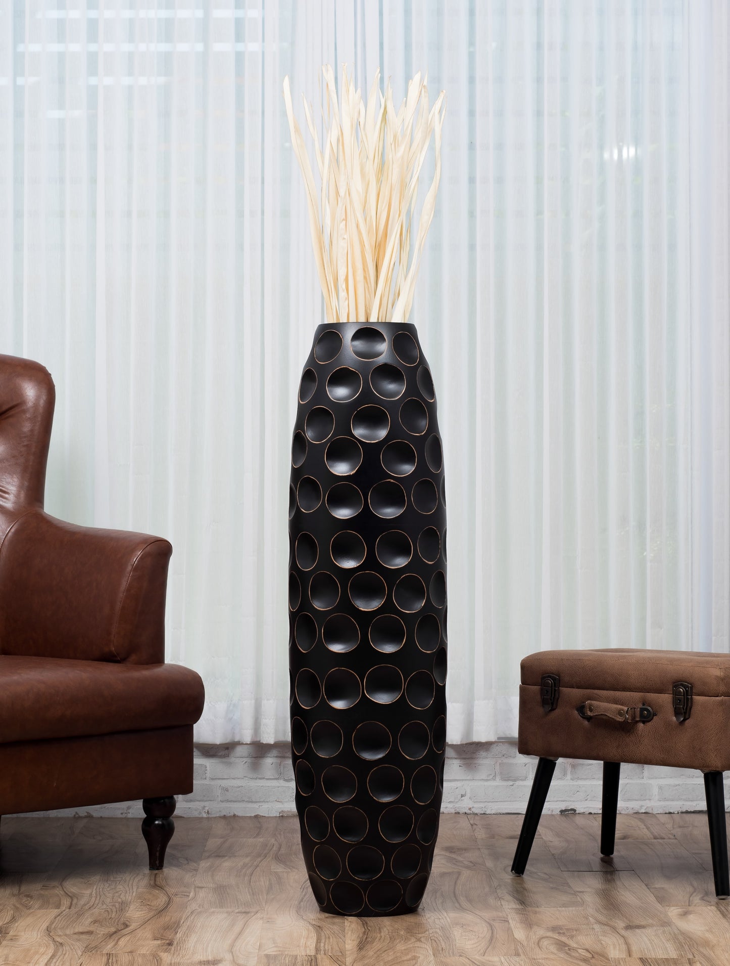 Large Mango Wood Floor Vase – Handcrafted Decorative Highlight from Thailand, black, 41 inches