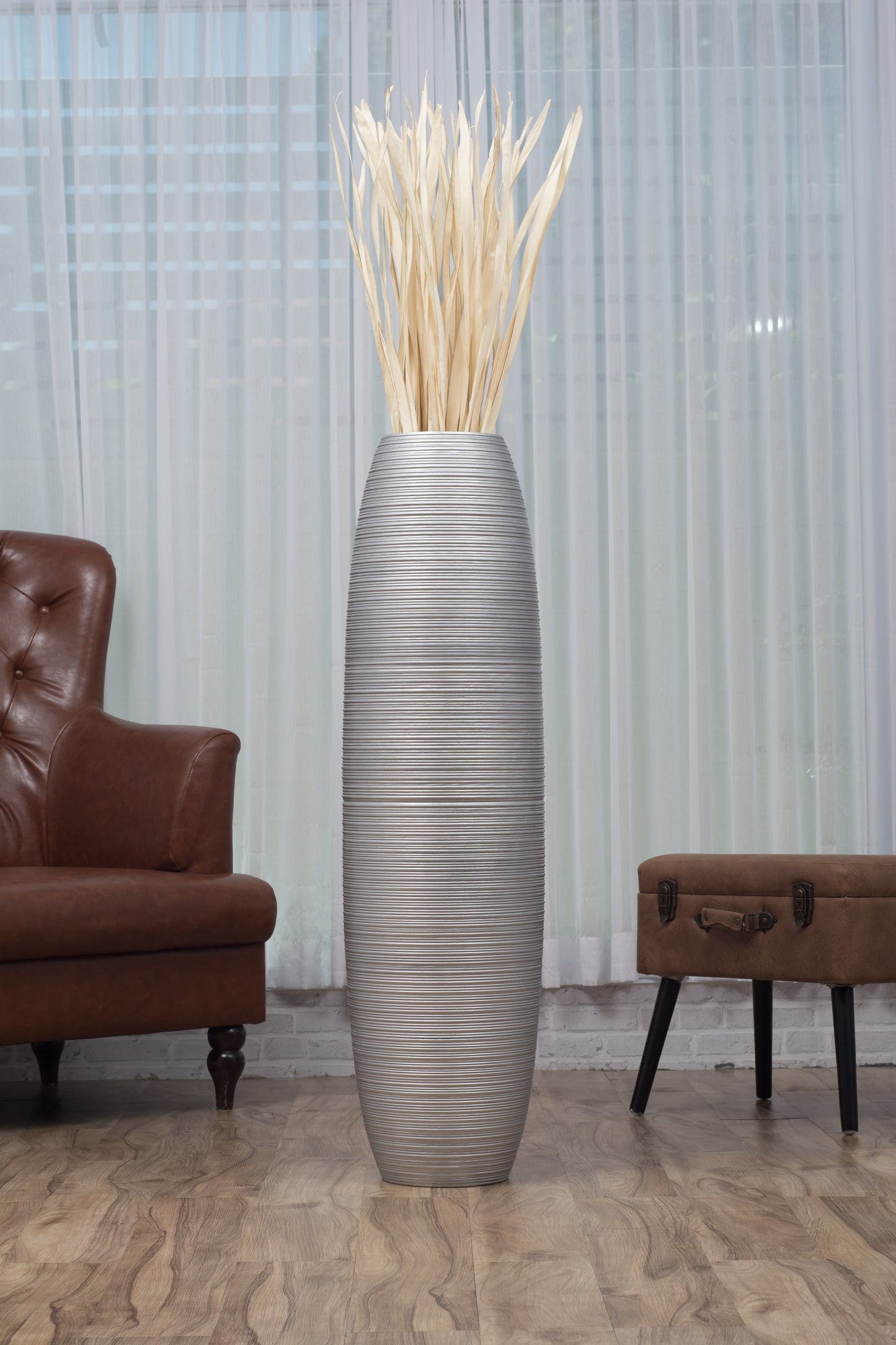 Large Mango Wood Floor Vase – Handcrafted Decorative Highlight from Thailand, silver, 41 inches