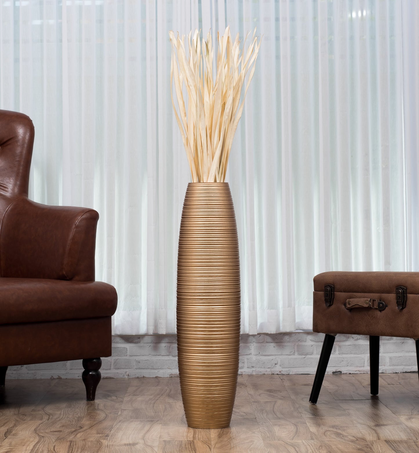 Large Mango Wood Floor Vase – Handcrafted Decorative Highlight from Thailand, gold, 26 inches