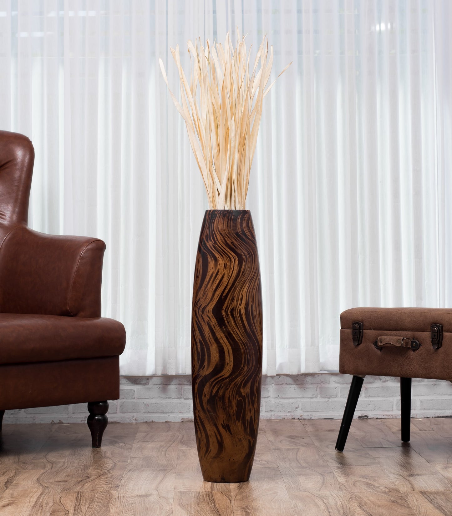 Large Mango Wood Floor Vase – Handcrafted Decorative Highlight from Thailand, brown, light brown, 26 inches