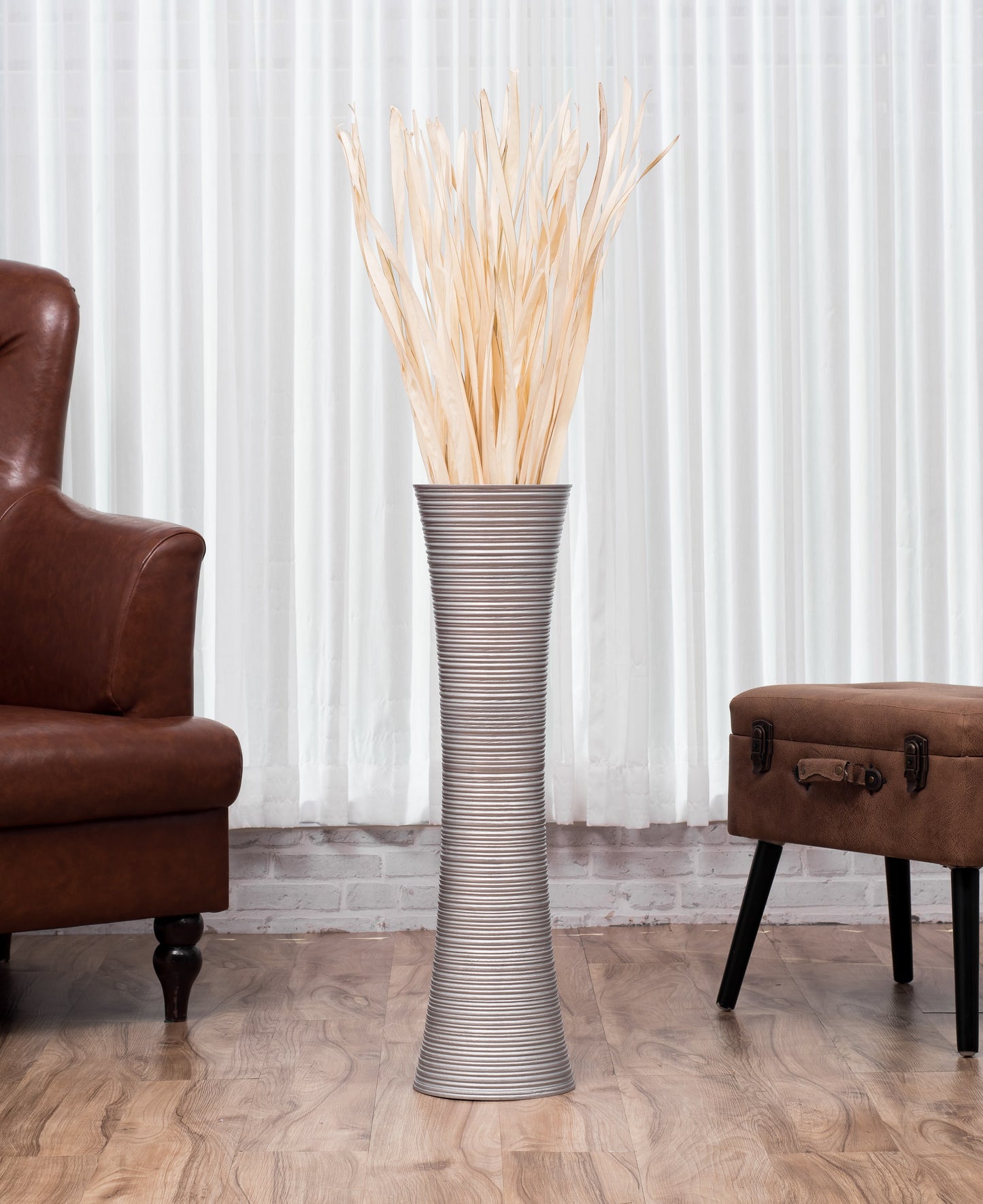Large Mango Wood Floor Vase – Handcrafted Decorative Highlight from Thailand, silver, 26 inches