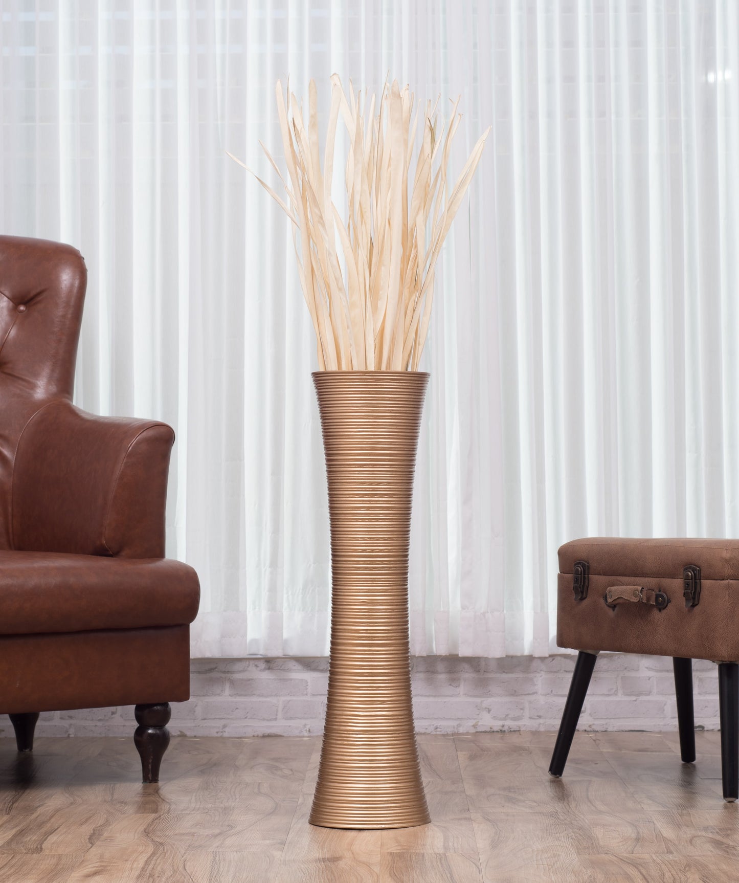 Large Mango Wood Floor Vase – Handcrafted Decorative Highlight from Thailand, gold, 26 inches