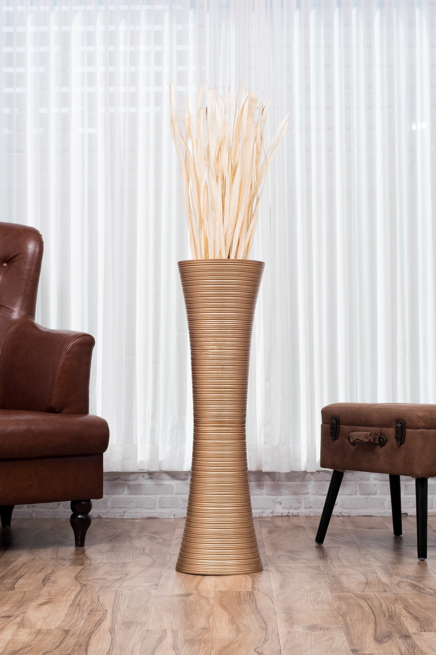 Large Mango Wood Floor Vase – Handcrafted Decorative Highlight from Thailand, gold, 34 inches