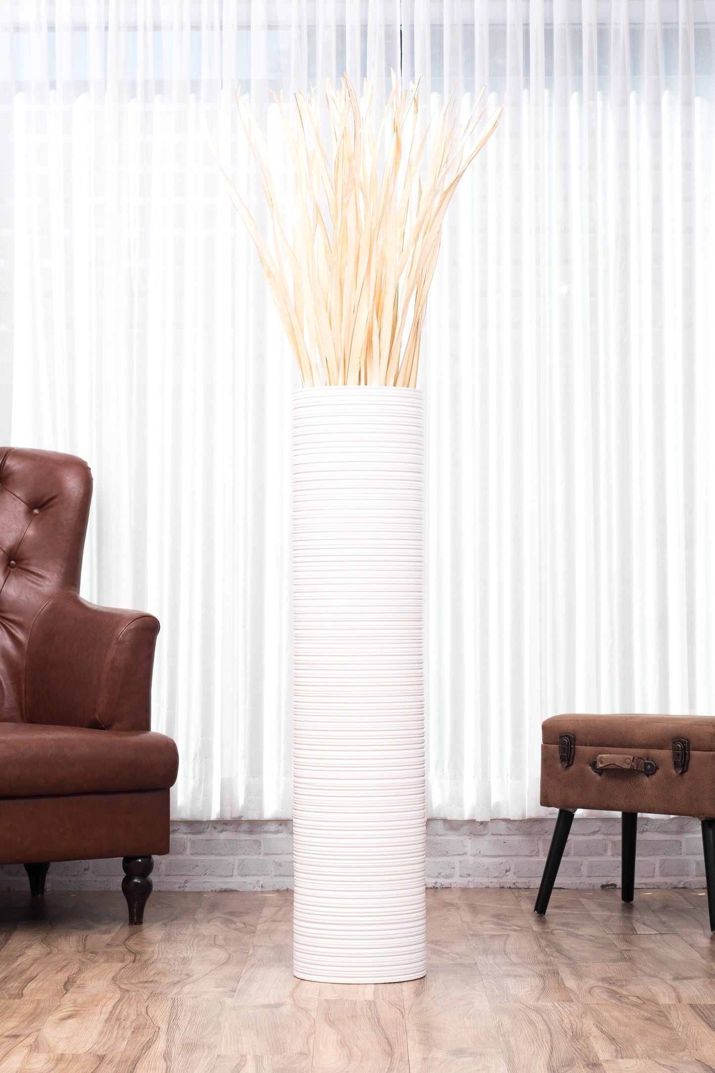 Large Mango Wood Floor Vase – Handcrafted Decorative Highlight from Thailand, white, 41 inches
