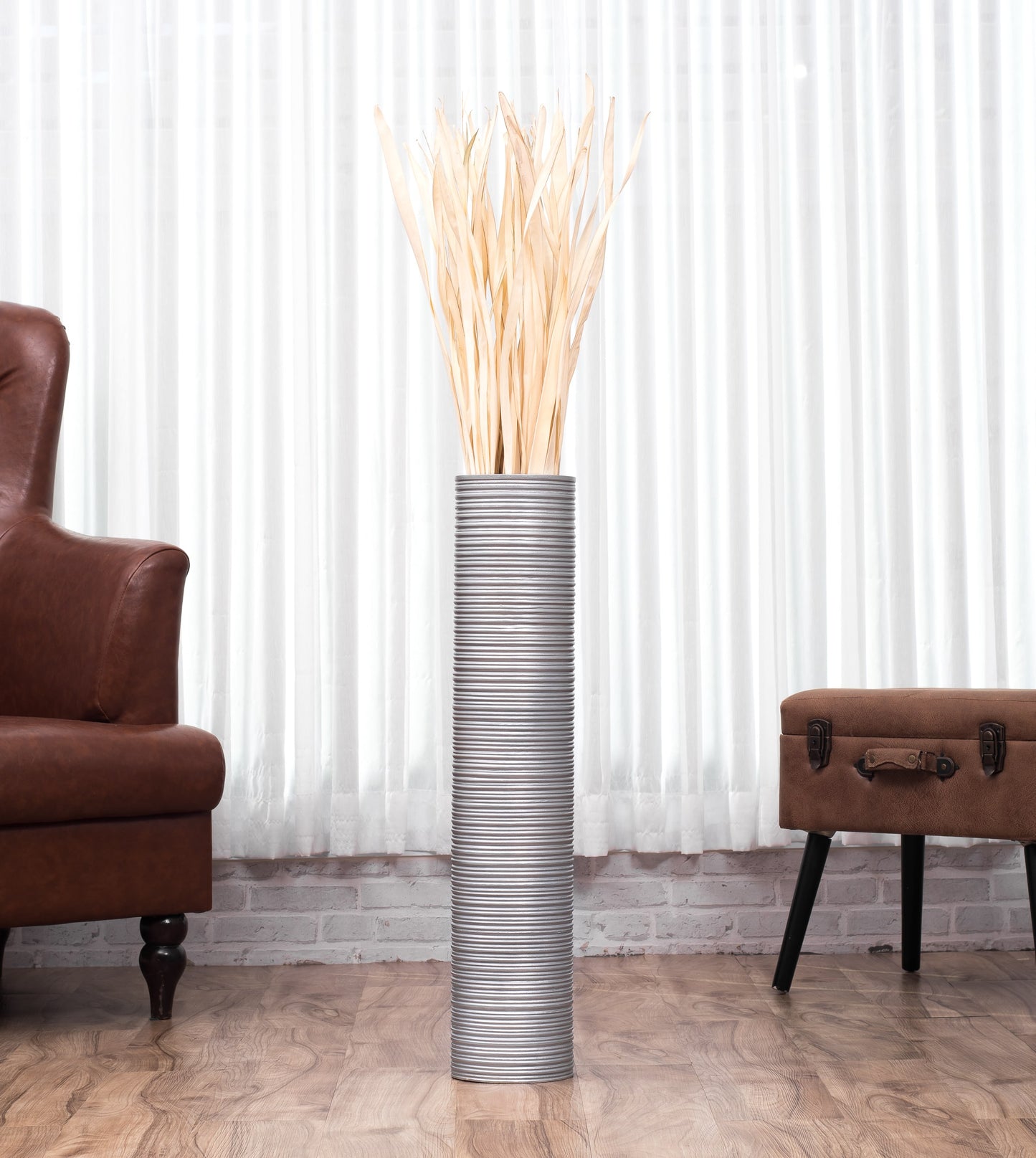 Large Mango Wood Floor Vase – Handcrafted Decorative Highlight from Thailand, silver, 26 inches