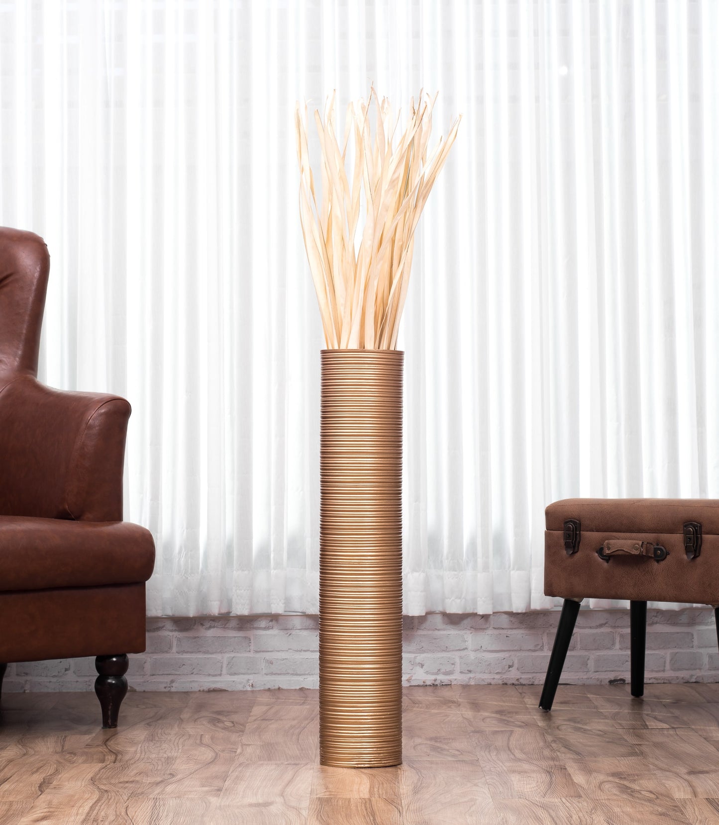 Large Mango Wood Floor Vase – Handcrafted Decorative Highlight from Thailand, gold, 26 inches