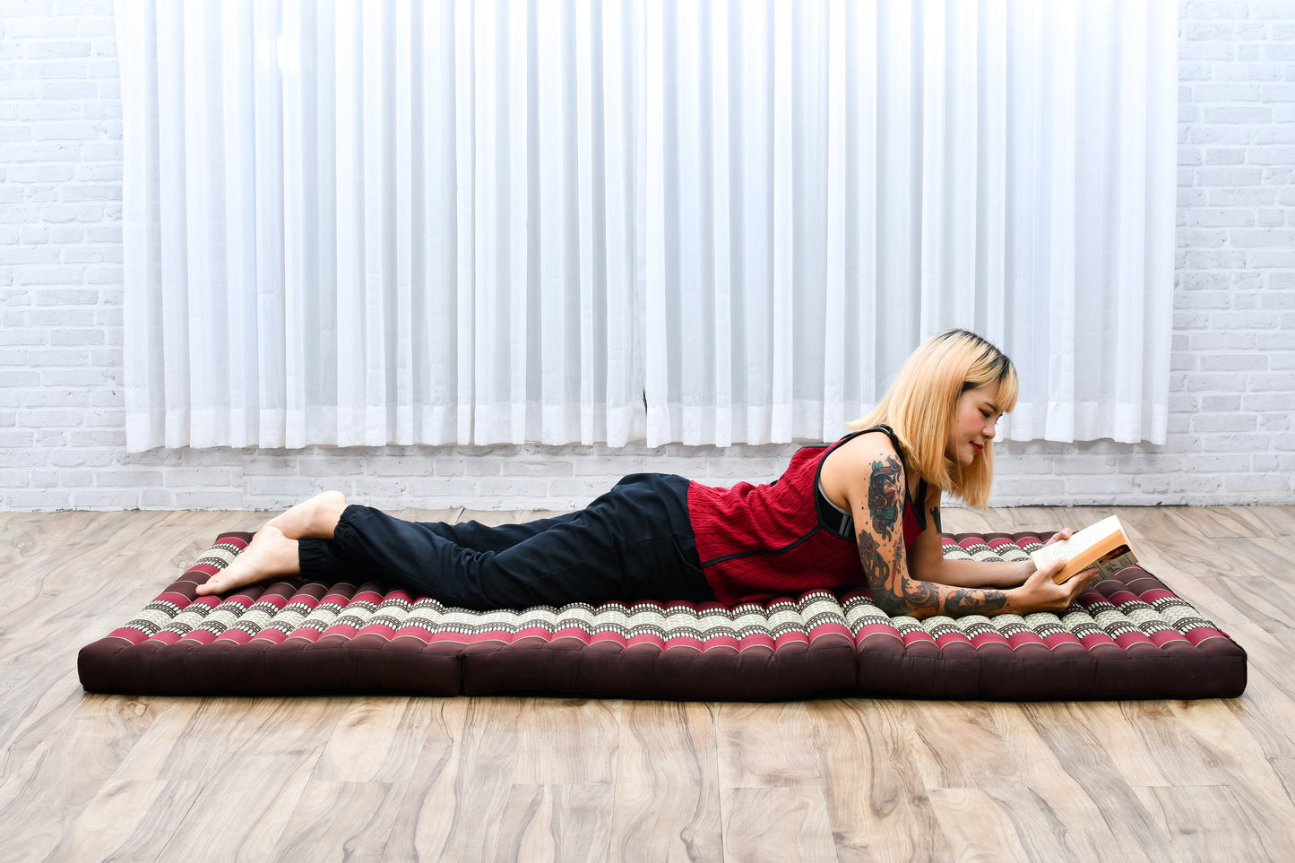 Kapok Folding Mattress – Thick Cotton Padded Guest Bed for Home, Sleeping & Mindfulness Corner, Sf19 - Red, Brown, L: 79x39