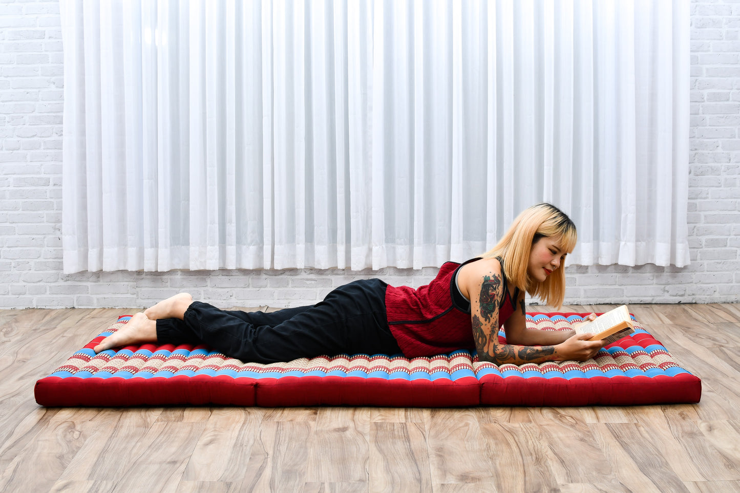 Kapok Folding Mattress – Thick Cotton Padded Guest Bed for Home, Sleeping & Mindfulness Corner, Sf27 - Blue, Red, L: 79x39