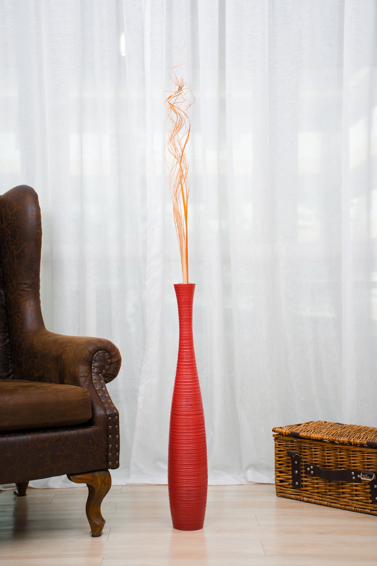 Large Mango Wood Floor Vase – Handcrafted Decorative Highlight from Thailand, red, 26 inches