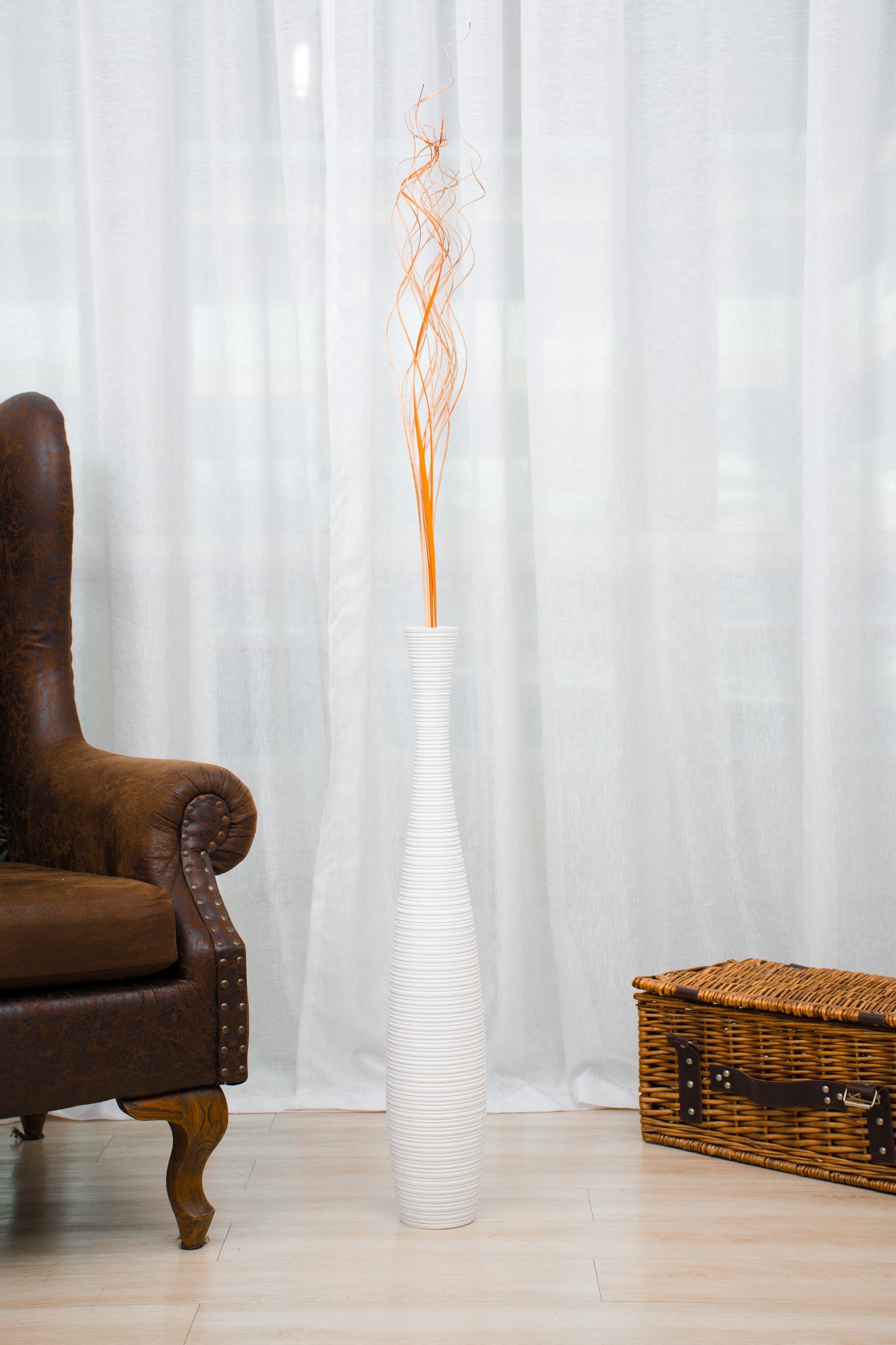 Large Mango Wood Floor Vase – Handcrafted Decorative Highlight from Thailand, white, 26 inches